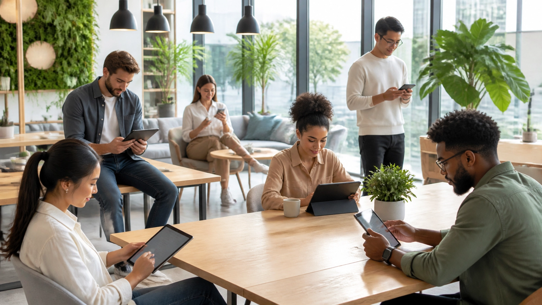 Diverse group of creators using tablets and smartphones in a modern co-working space, illustrating authentic influencer partnerships and community building.