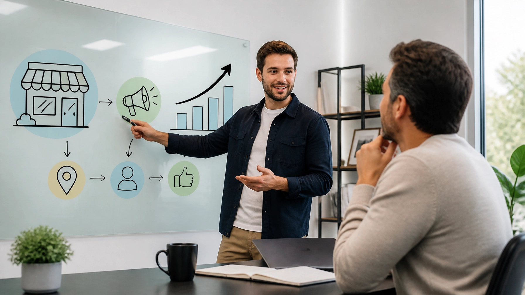 A professional meeting room where a marketing expert is presenting a visual strategy on a glass board to a business owner.