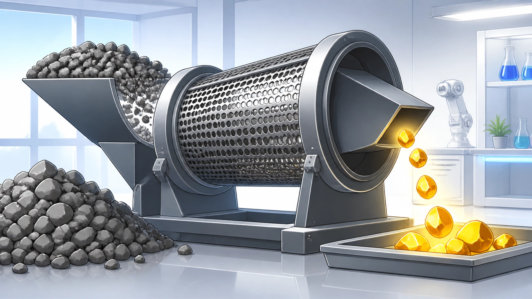 Machine processing gray rocks into shiny gold nuggets in a modern, bright laboratory setting, illustrating the transformation of resources and optimization in digital marketing strategies.
