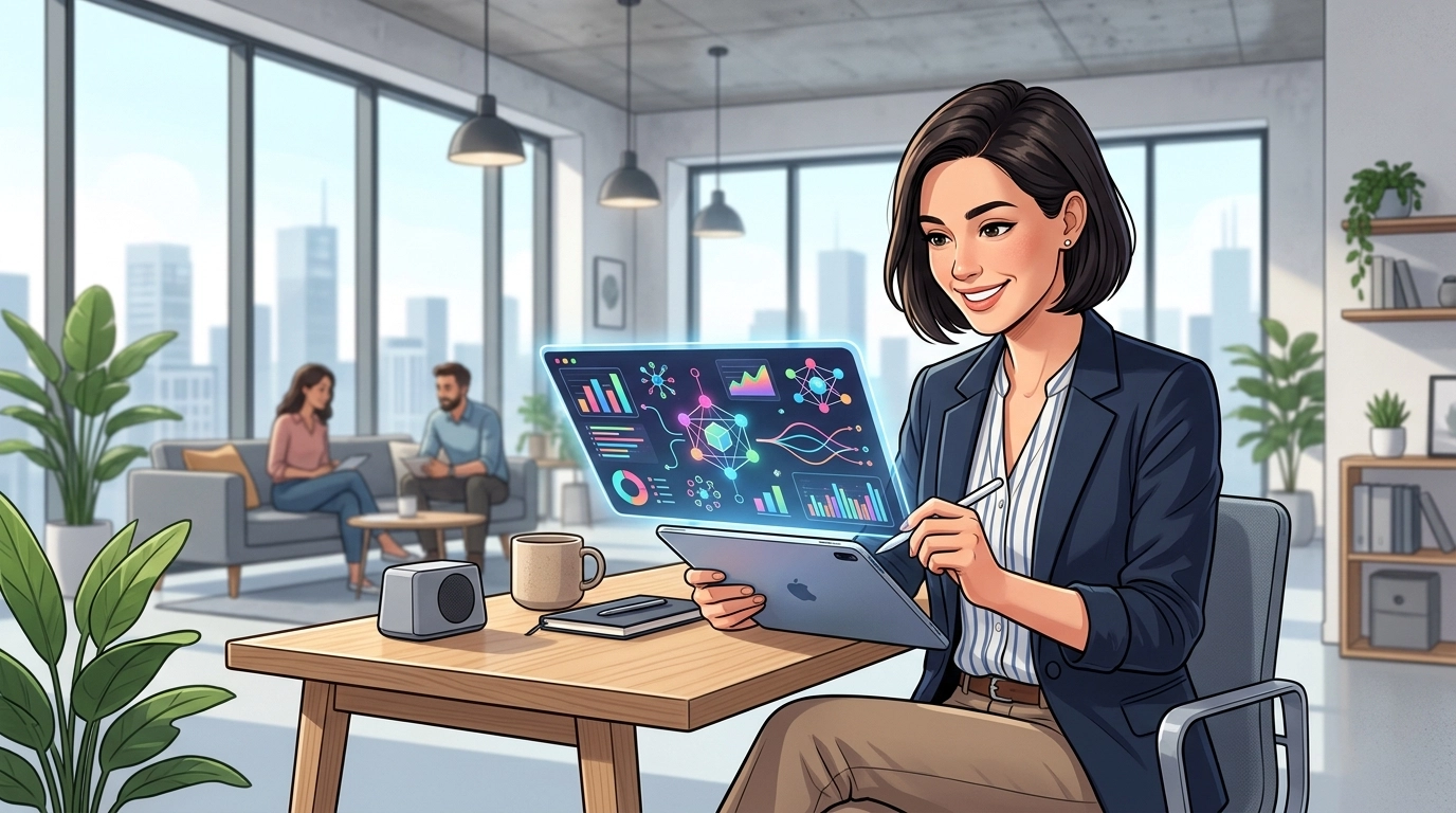 A high-quality, landscape cartoon-style illustration of a business owner using a tablet with a conceptual AI discovery dashboard in a bright modern office.