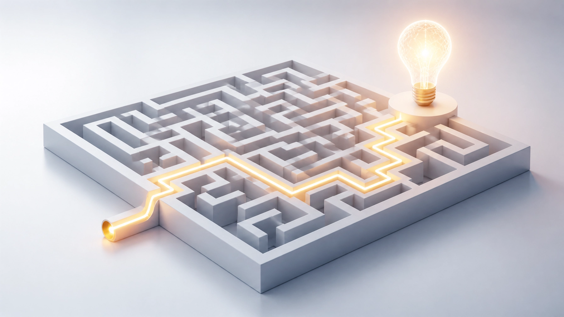 A conceptual illustration of a digital lightbulb illuminating a specific path in a complex geometric maze, representing incrementality.
