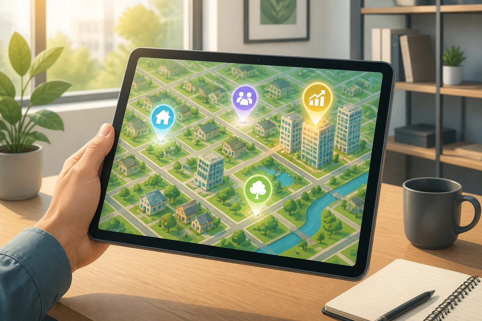 A hand holding a tablet showing a map and growth icons