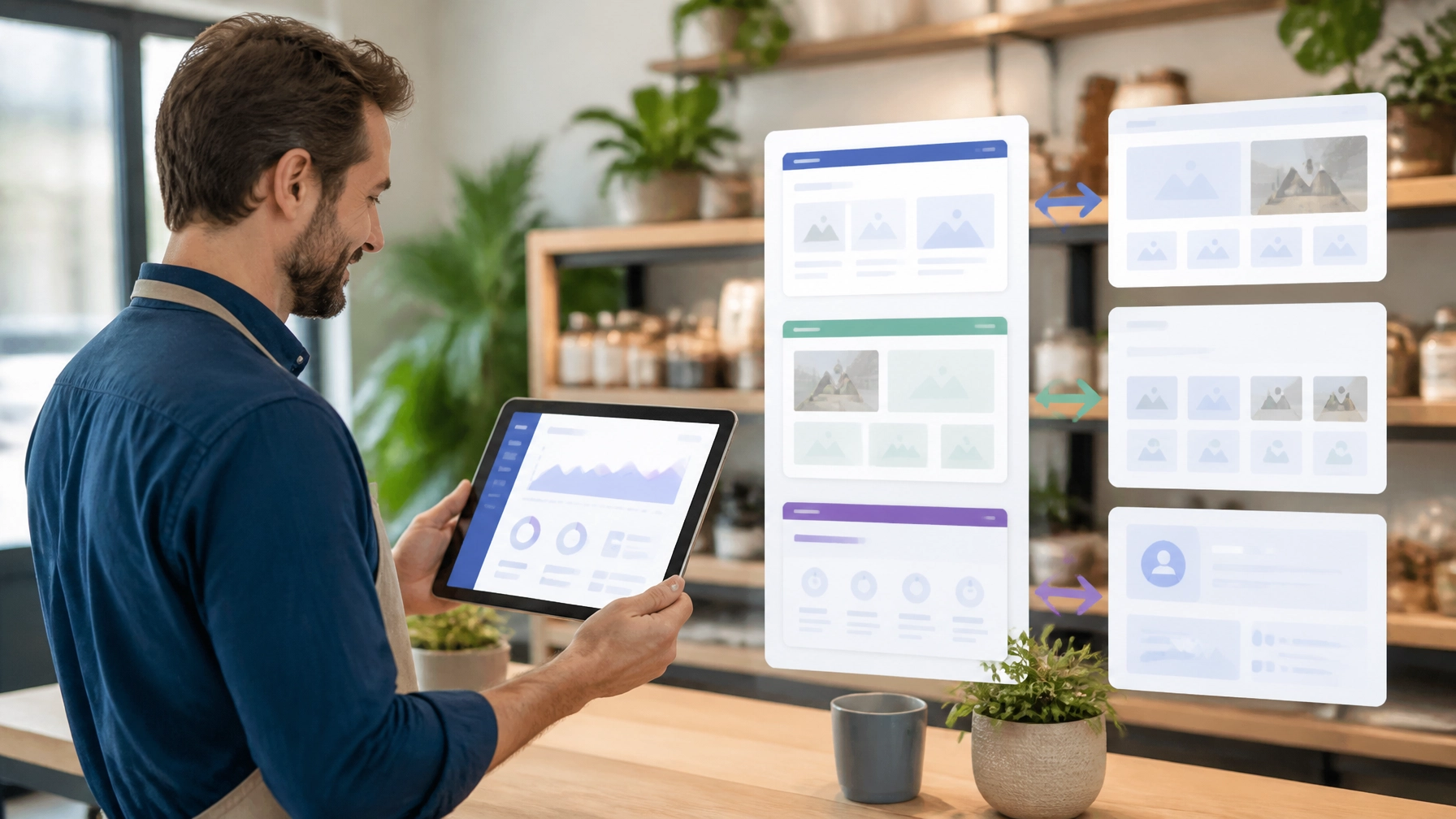 Local business owner reviewing an intent-based dashboard with dynamic website modules on a tablet