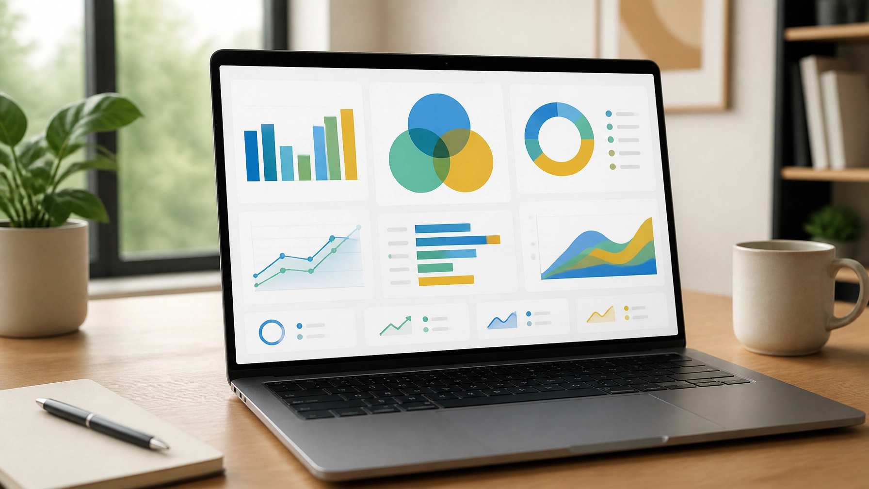A non-branded marketing dashboard on a laptop showing organic versus paid traffic distribution.