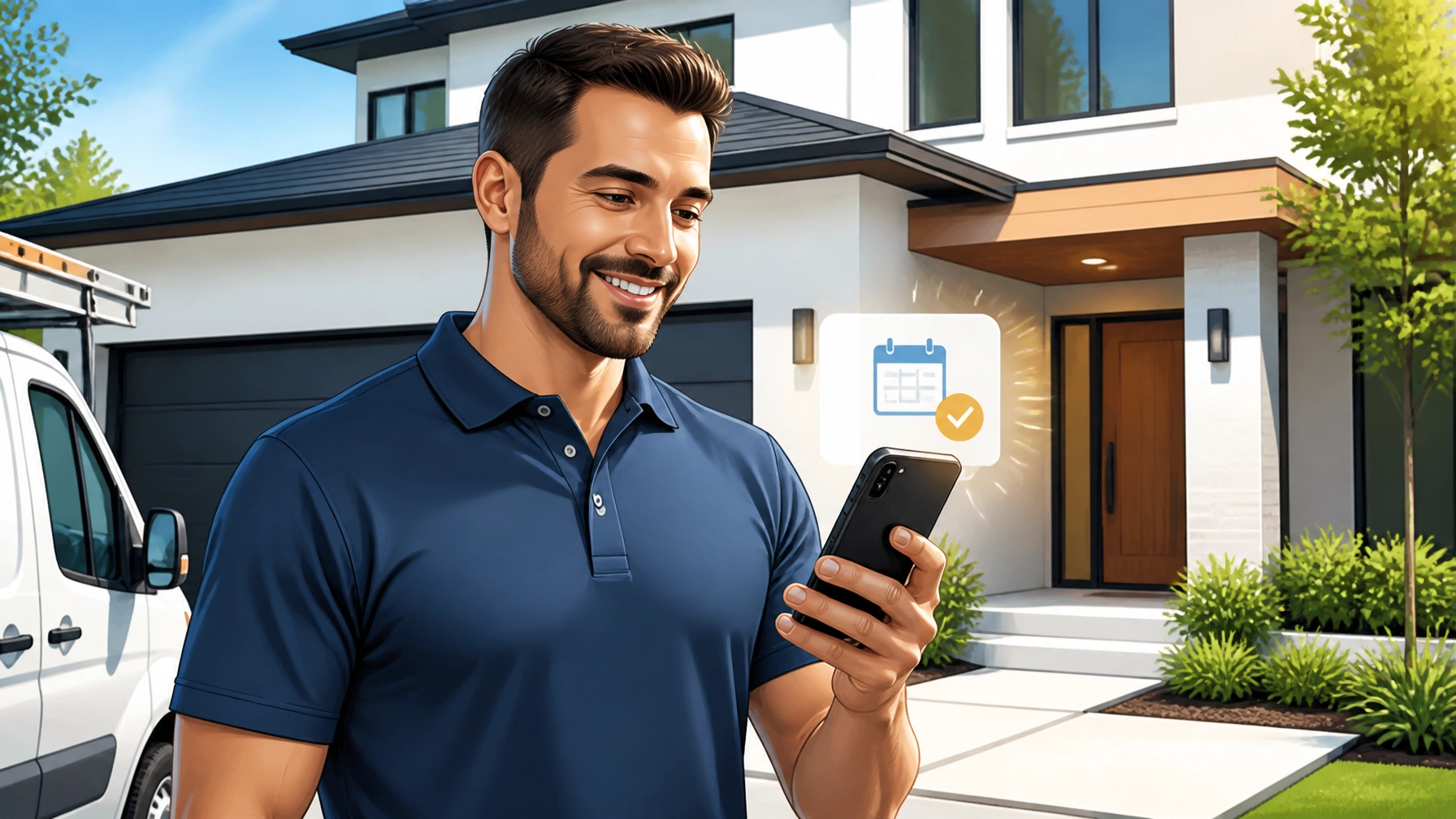 Man in navy polo shirt smiling at smartphone, with a digital calendar notification, standing in front of a modern home, emphasizing digital marketing and customer engagement strategies.