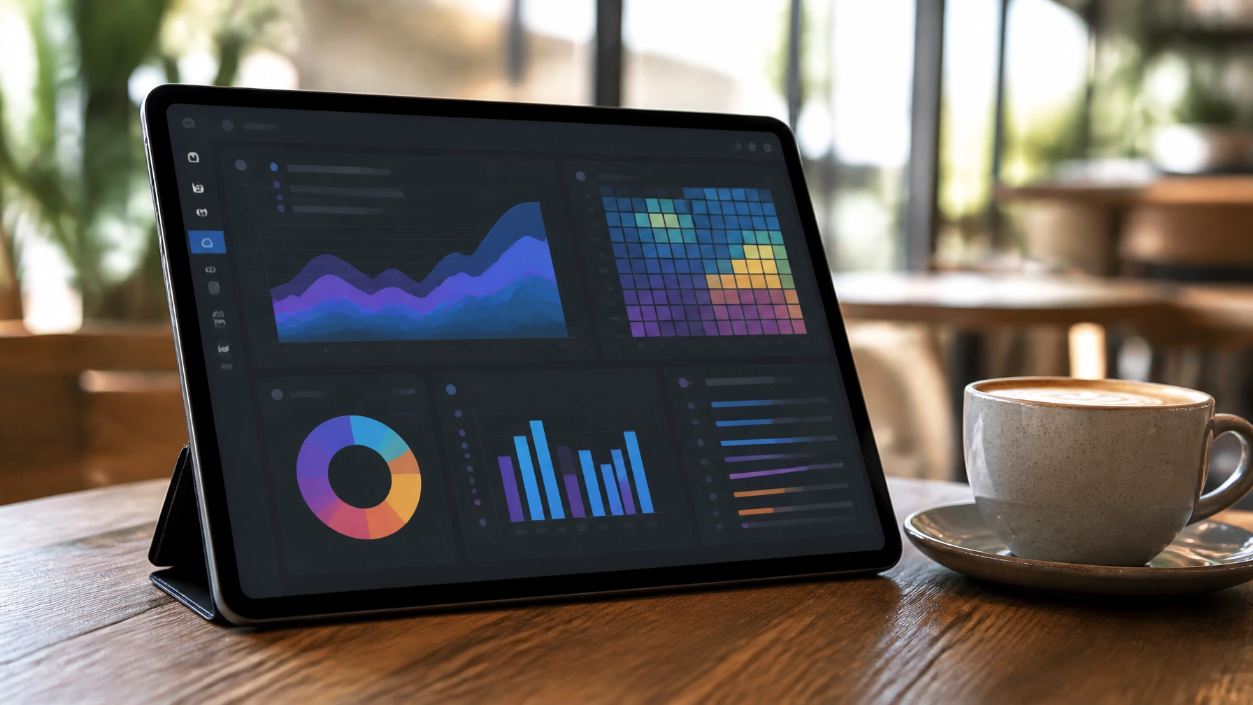 Tablet displaying colorful data analytics charts and graphs, alongside a coffee cup, emphasizing digital marketing performance metrics and engagement strategies.