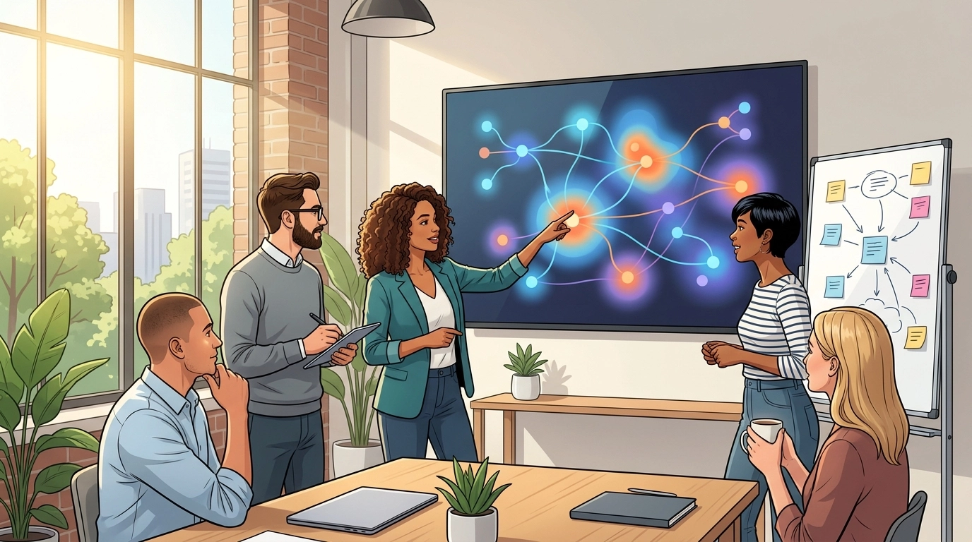 A high-quality, landscape cartoon-style illustration of a professional strategy team in a bright office reviewing abstract data maps and planning modern content strategy on a large screen.