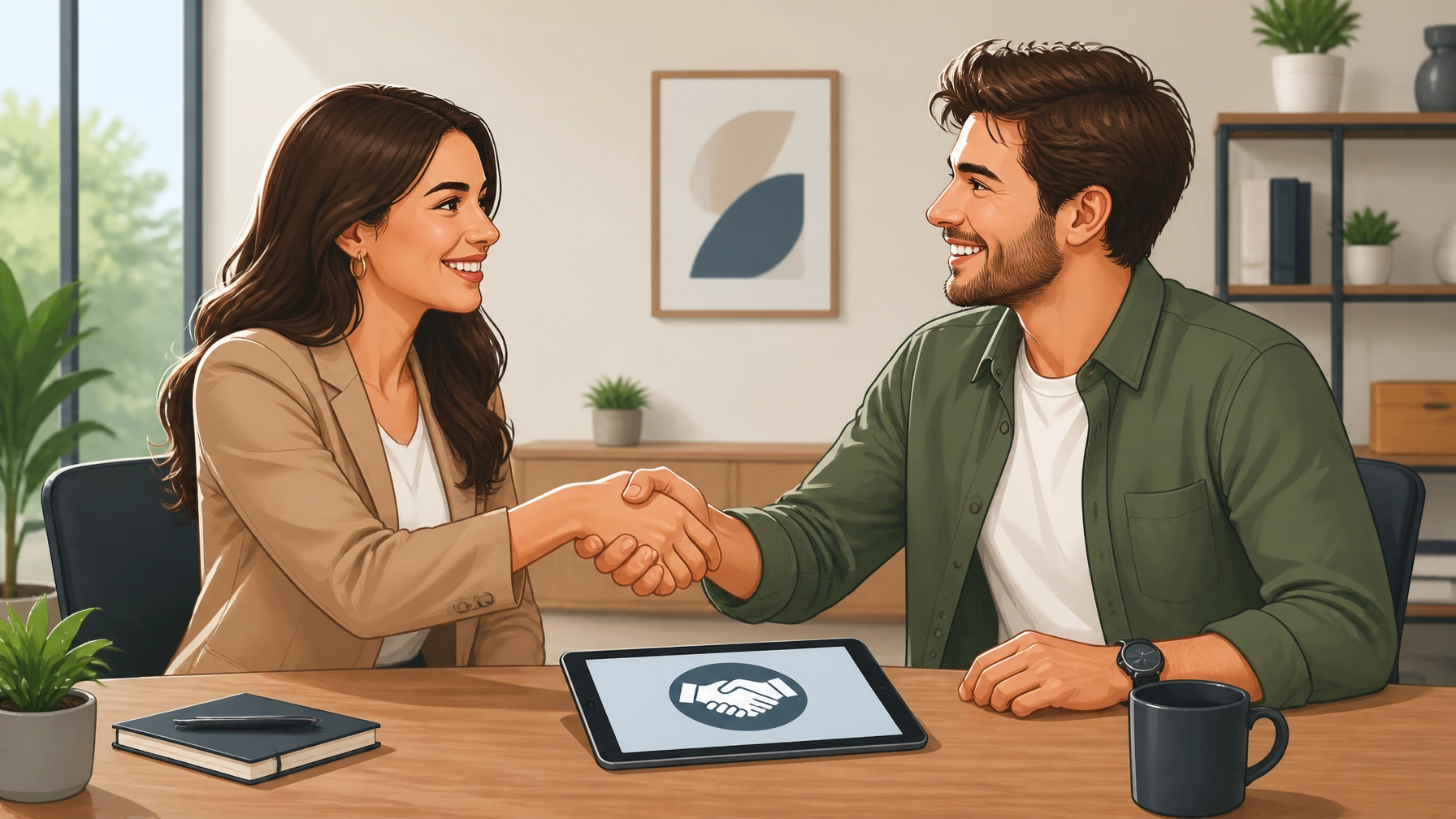 A brand manager and creator shaking hands over a digital partnership agreement