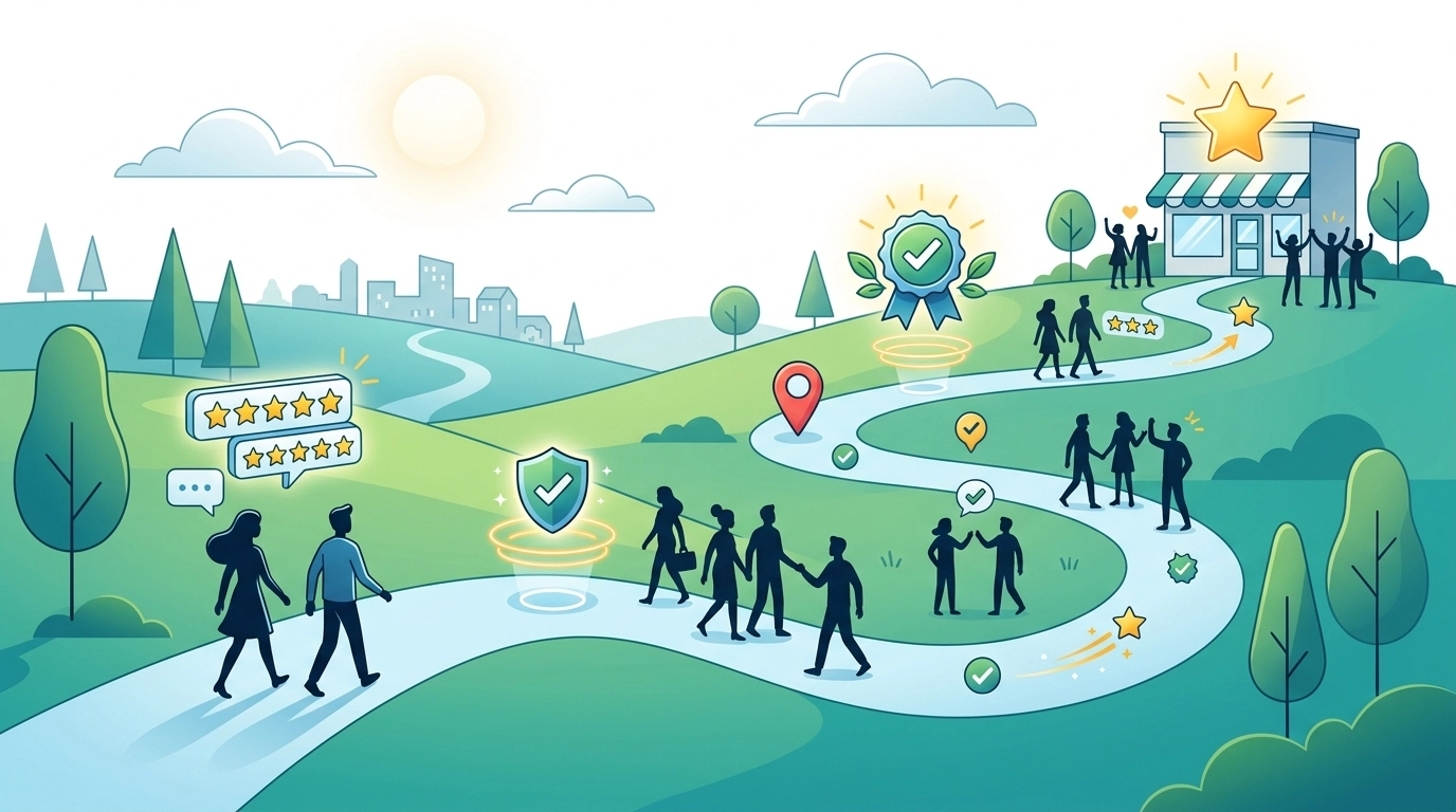 A high-quality, landscape cartoon-style illustration of a consumer trust journey with a winding path connecting review stars, map pins, people silhouettes, and digital validation touchpoints.
