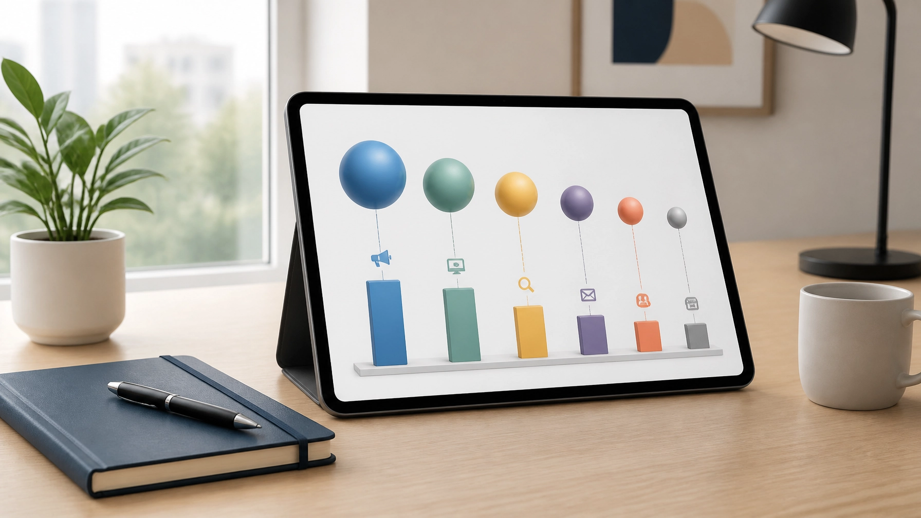 A minimalist office desk with a tablet displaying a simplified marketing mix model with different channel weights.