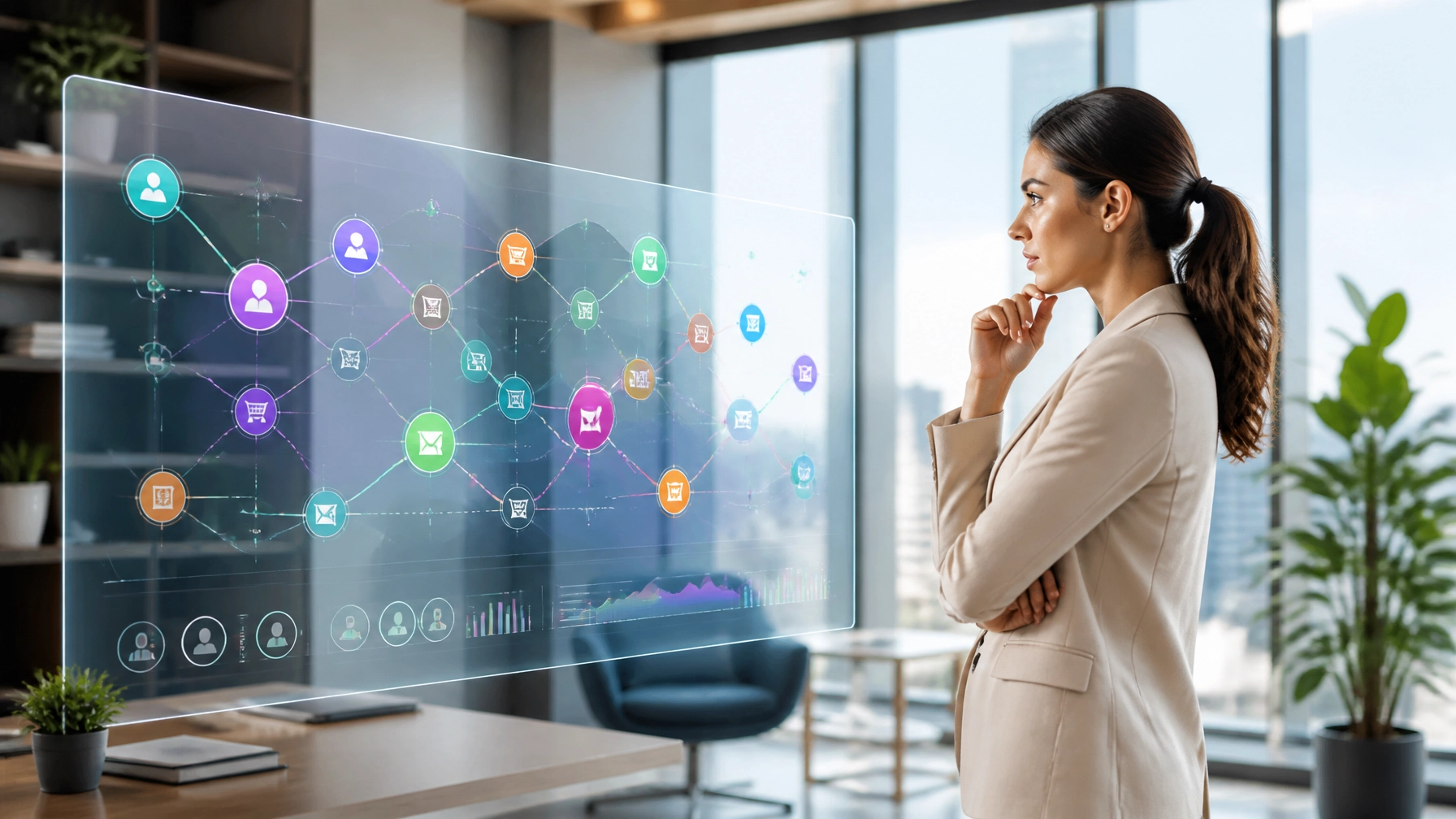 A modern marketer analyzing a complex digital customer journey map on a semi-transparent holographic screen.