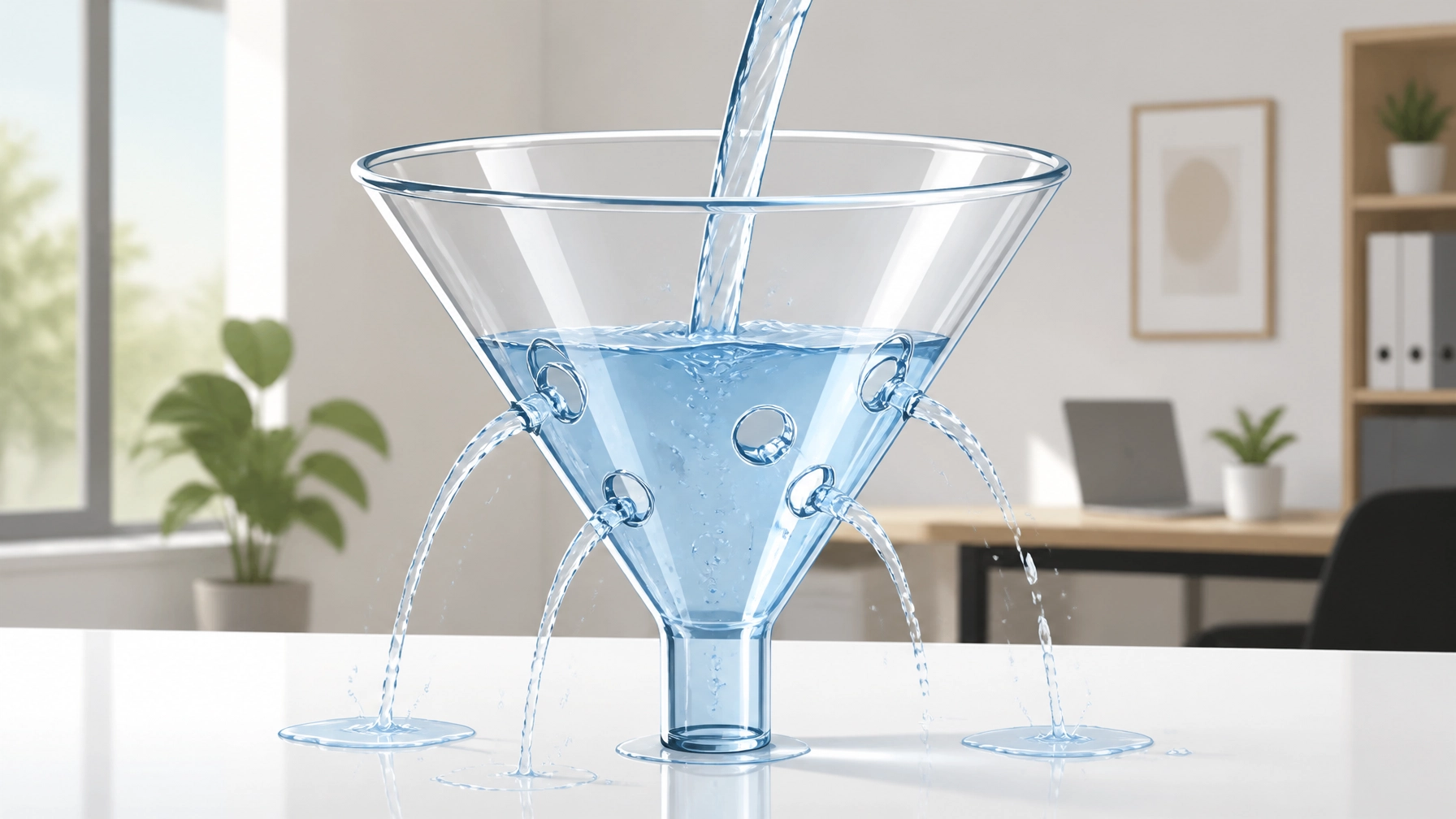 Transparent funnel pouring blue liquid, symbolizing efficient data flow and analytics in digital marketing, with a modern office background.