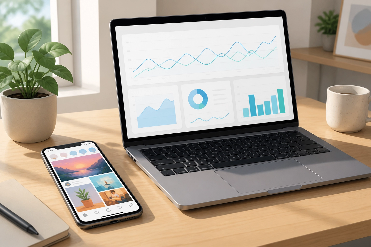 A smartphone and laptop on a desk showing social media and analytics