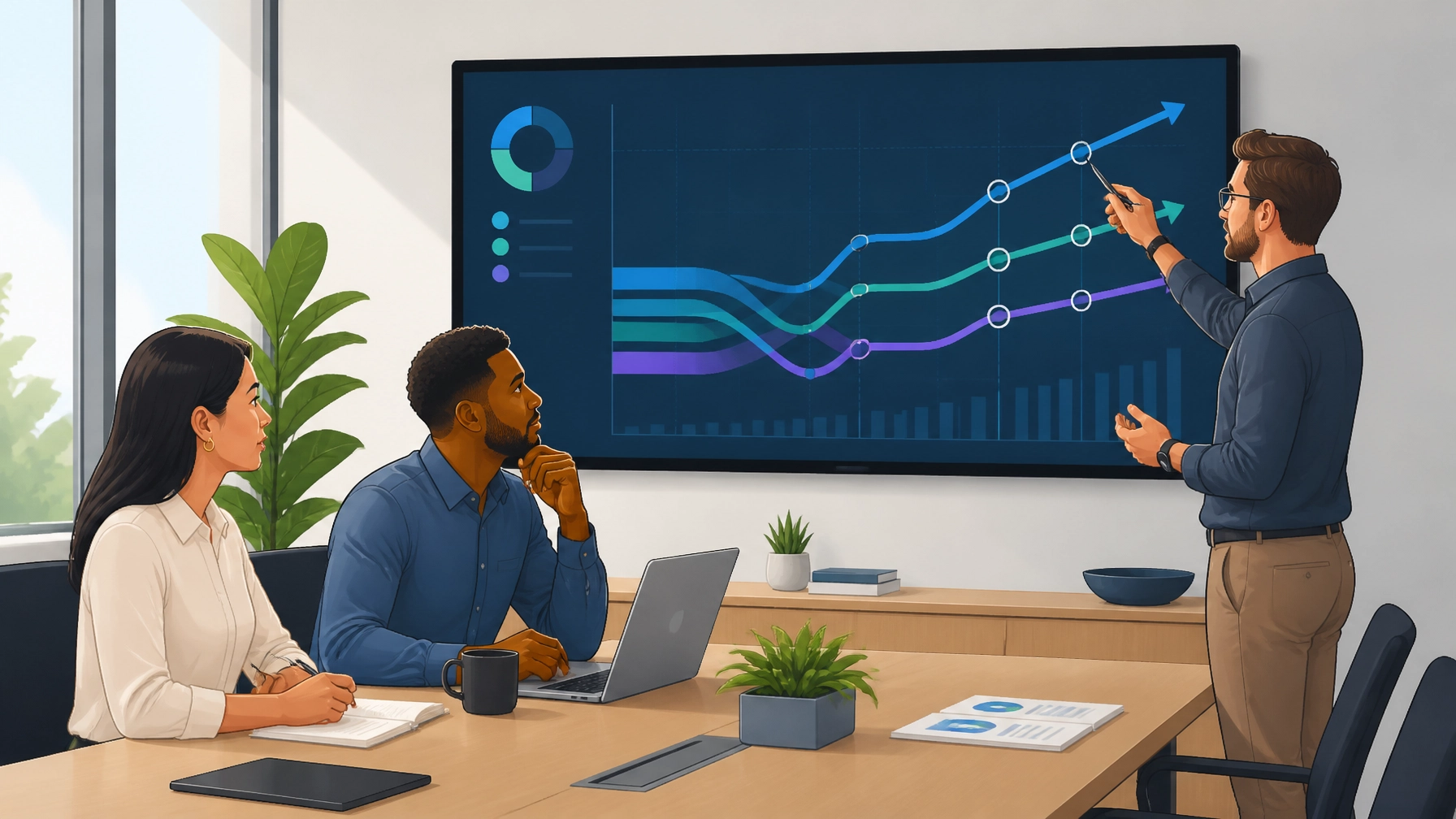 A professional team collaborating in a modern conference room, analyzing strategic growth charts on a large screen.