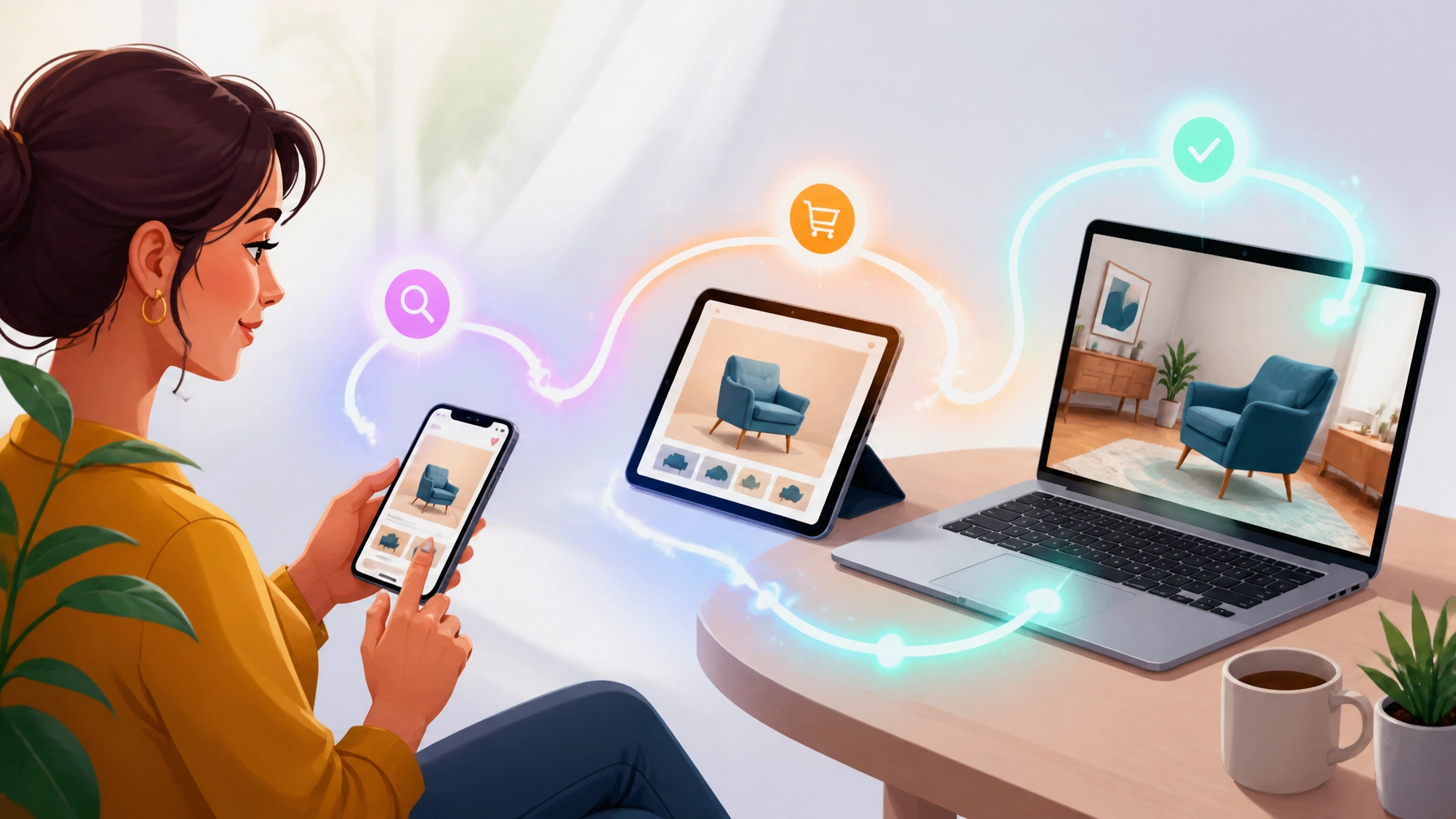 A stylized illustration showing a complex customer journey across a smartphone, tablet, and laptop with connecting glowing lines.