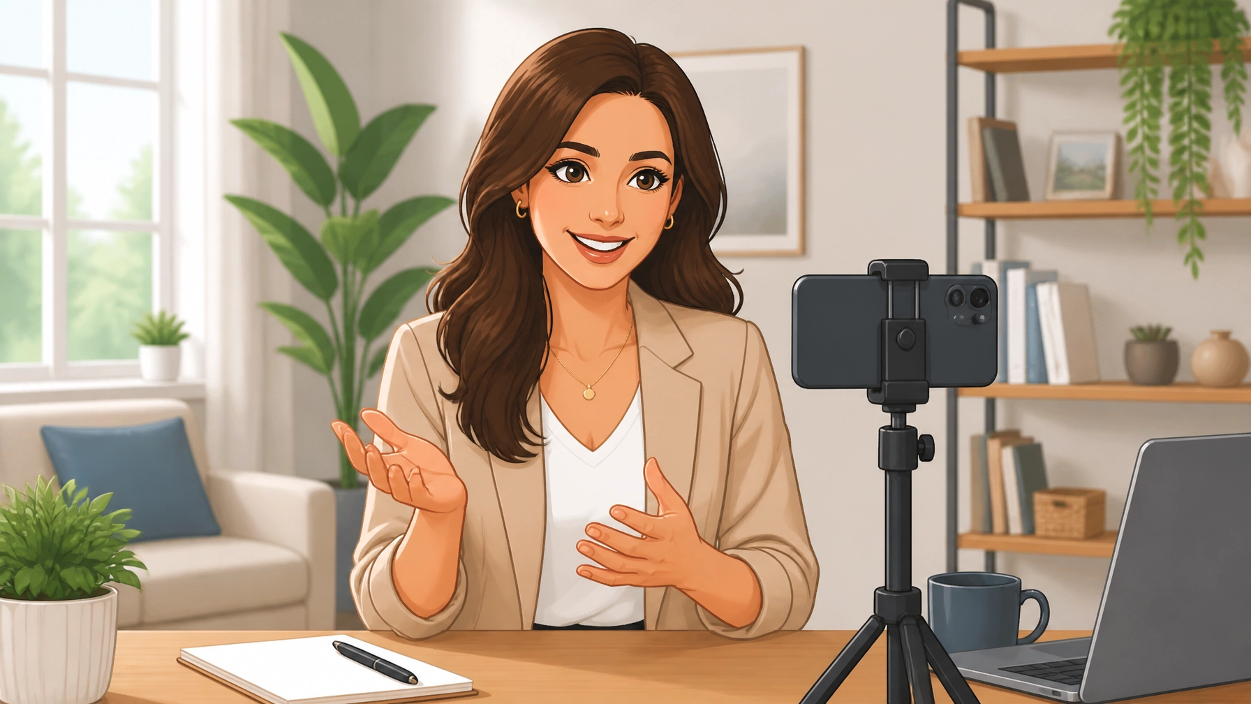 Woman presenting to camera in a home office setting, emphasizing authenticity and engagement in social media marketing strategies.