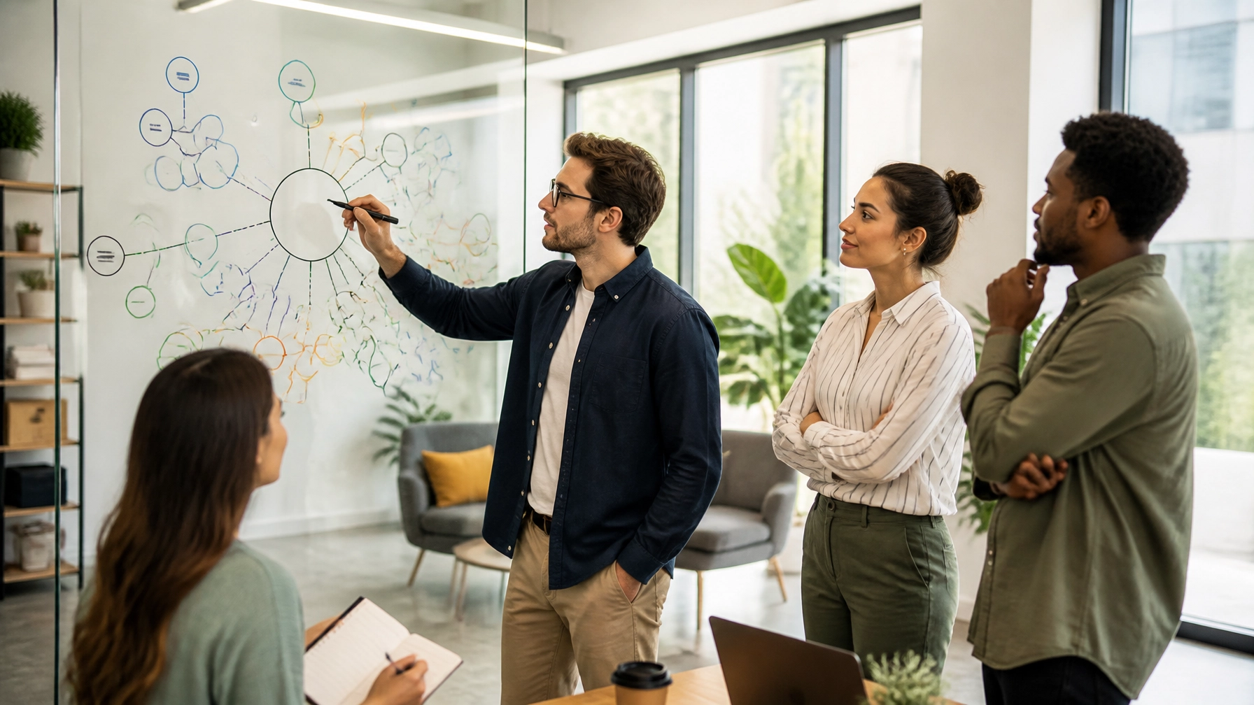 Team collaborating in a modern office, discussing content strategies and topic clusters, with a whiteboard illustrating a mind map.