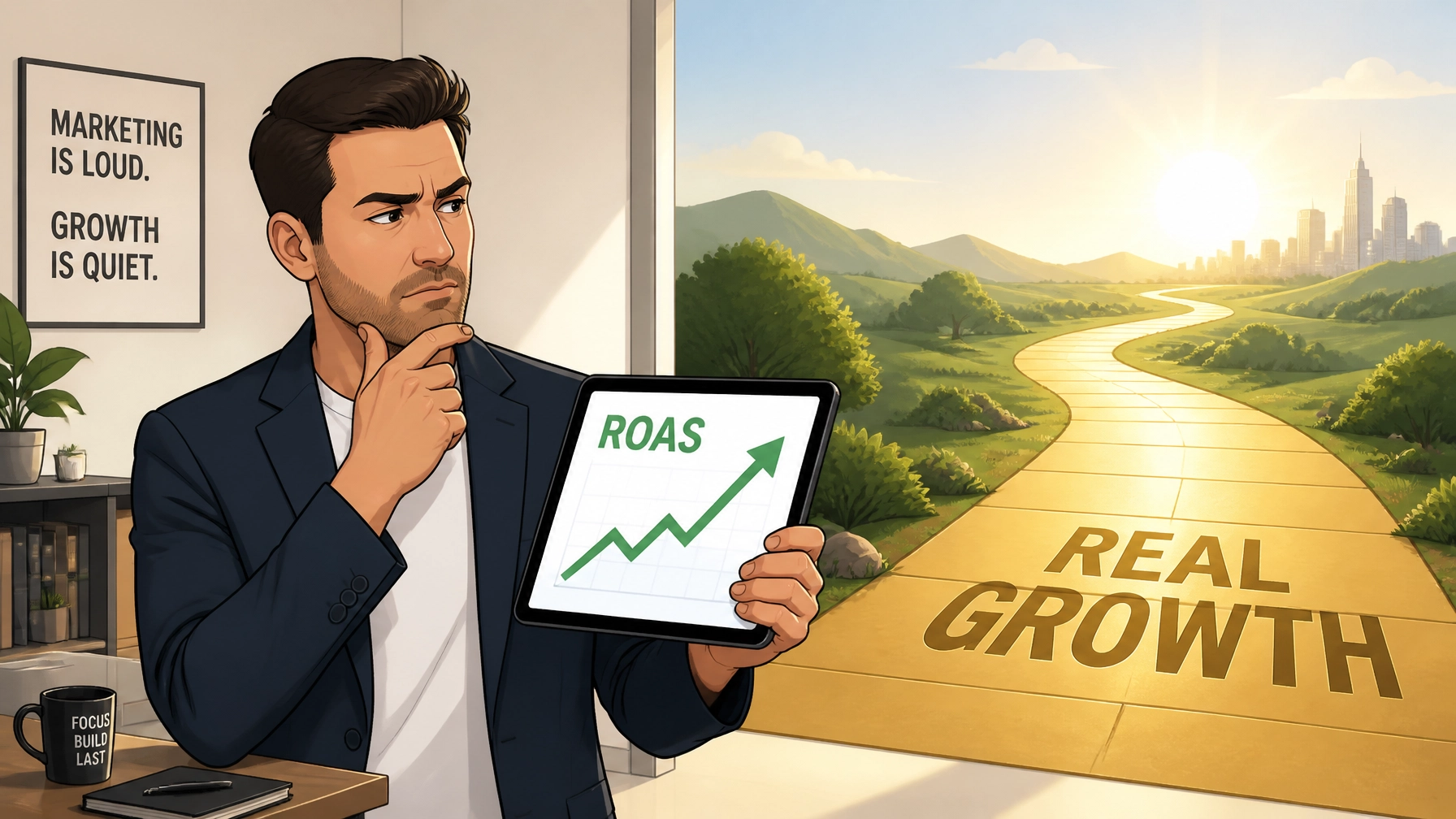 Person contemplating with a tablet displaying ROAS graph, in a setting emphasizing digital marketing concepts, with a path labeled "REAL GROWTH" in the background, illustrating the article's focus on the ROAS Trap in advertising.