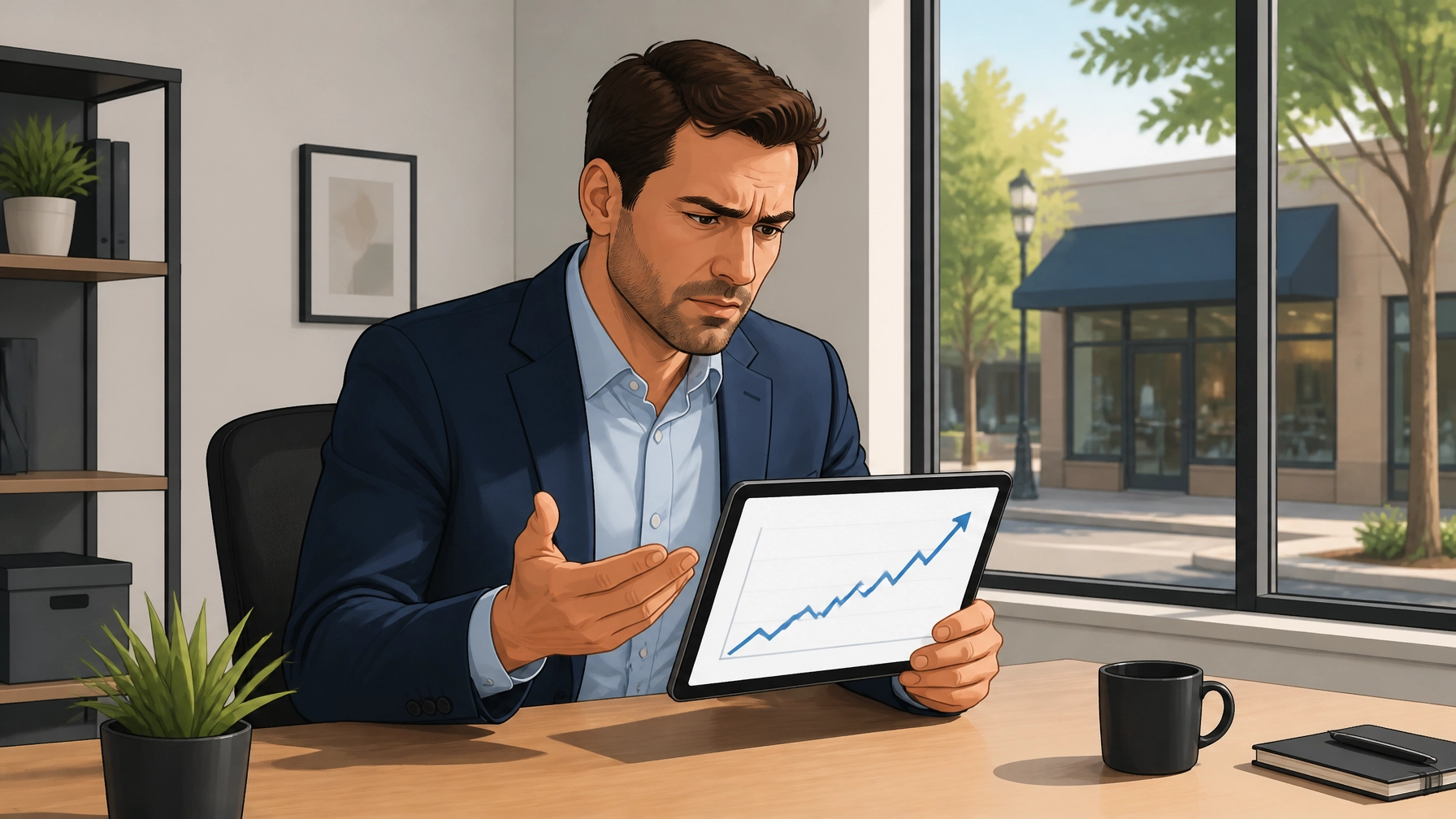 Man in business attire analyzing digital growth chart on tablet, expressing concern over performance metrics in modern digital advertising context.