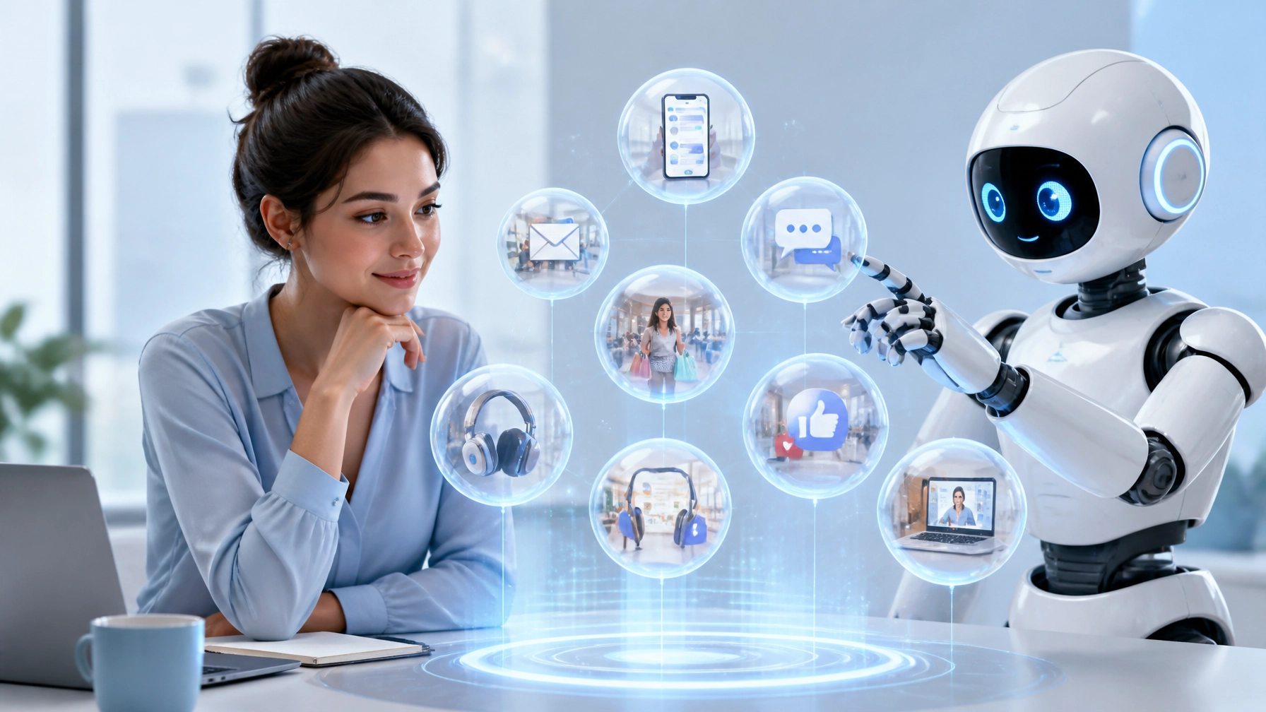 Woman analyzing digital marketing metrics with a robot assistant, featuring icons representing communication, shopping, and social media engagement.