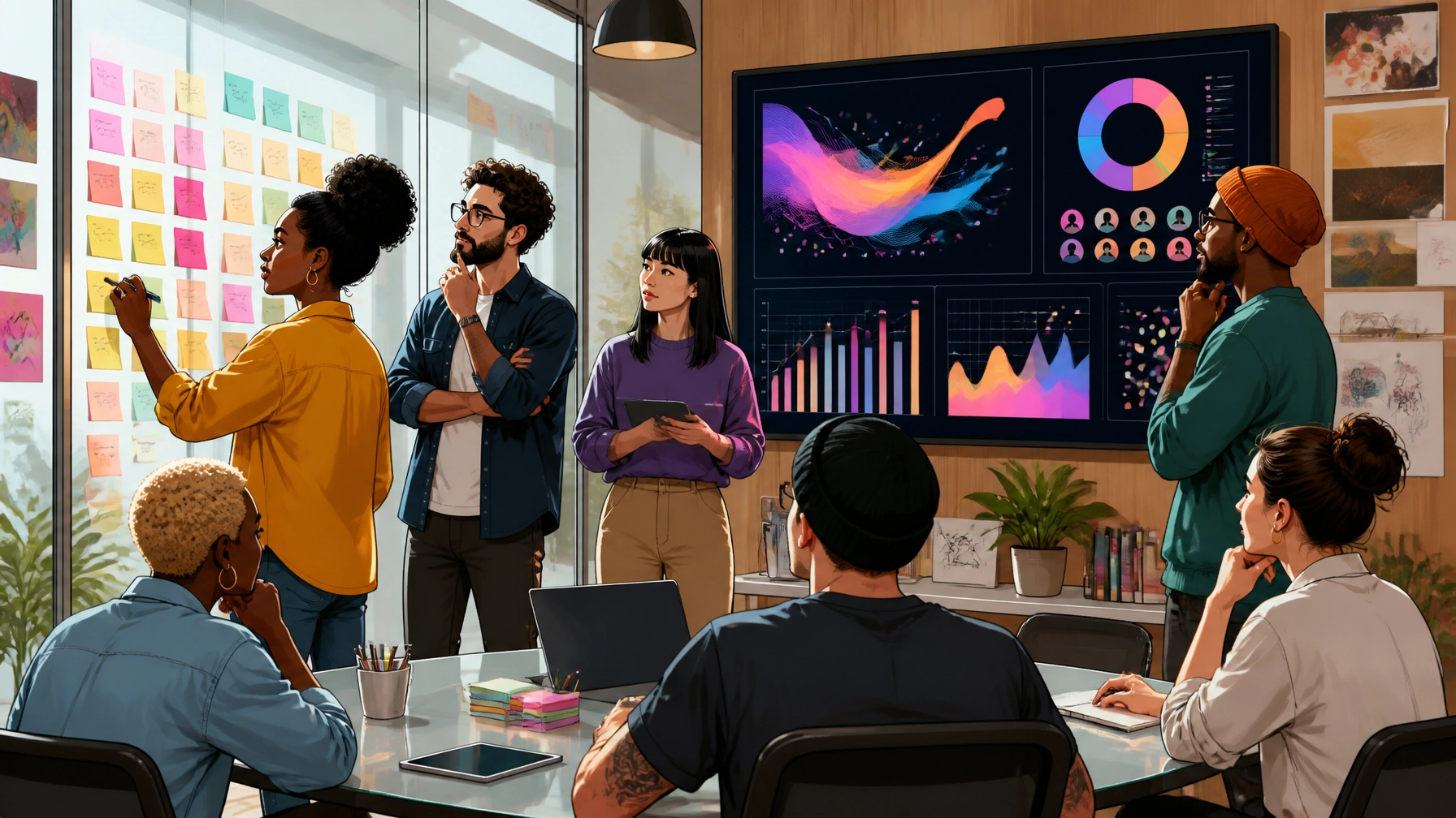 Diverse team brainstorming in a modern office, analyzing colorful data visualizations and sticky notes, emphasizing collaborative strategies for resonant content creation.