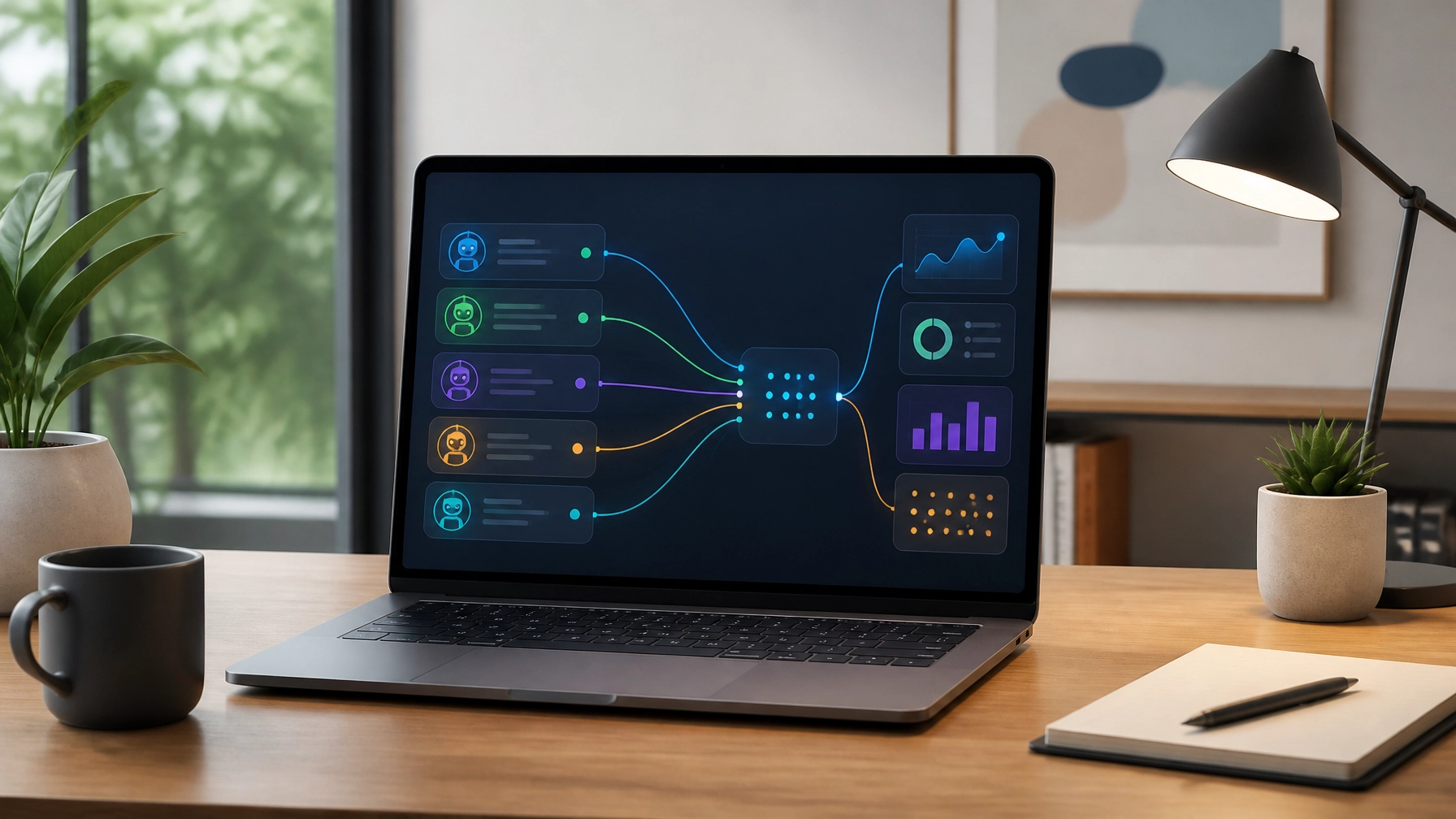 A minimalist desk showing an AI agent dashboard on a laptop