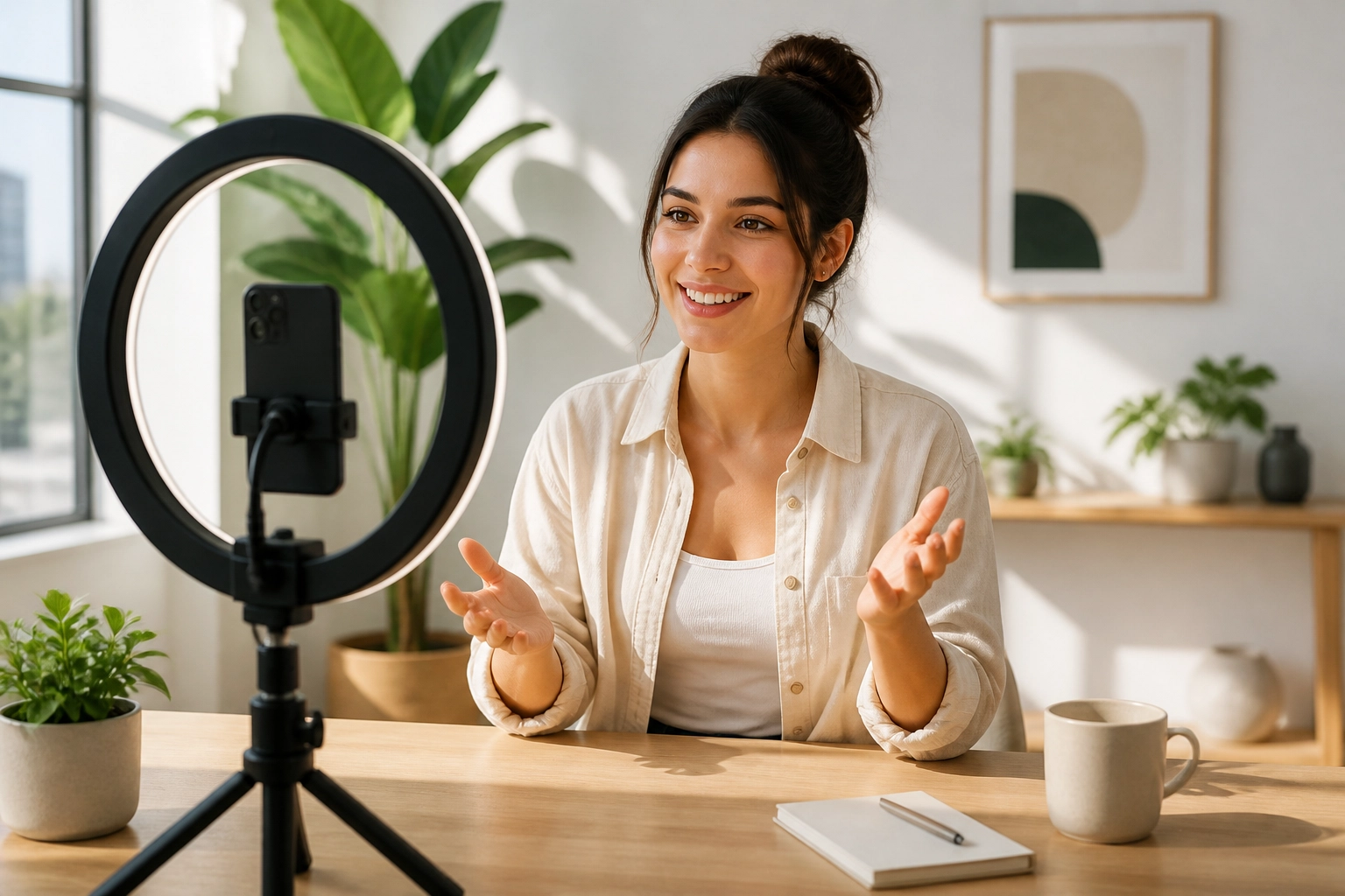 A content creator in a bright modern studio recording video