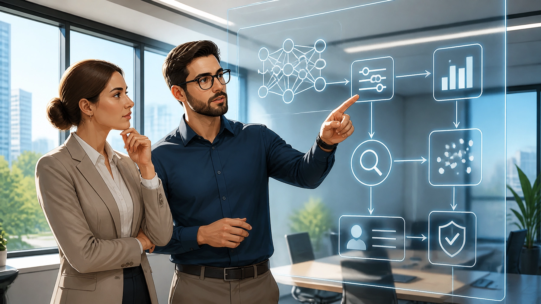 Professionals reviewing an AI's logic flow in a conference room