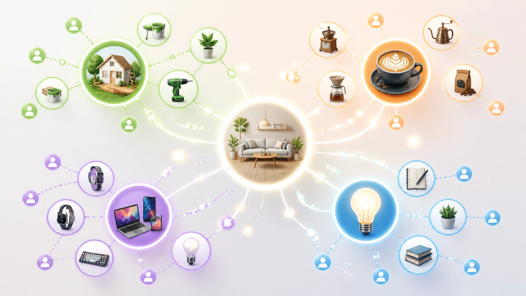 Visual representation of interconnected lifestyle interests, featuring a central living room scene surrounded by various categories like home improvement tools, plants, coffee equipment, and technology devices, illustrating the concept of content relevance in social media marketing strategies.