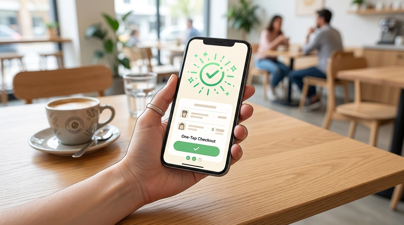 A high-angle shot of a hand holding a smartphone at a coffee shop. The phone screen shows a conceptual one-tap checkout moment with a green success-style animation beginning.