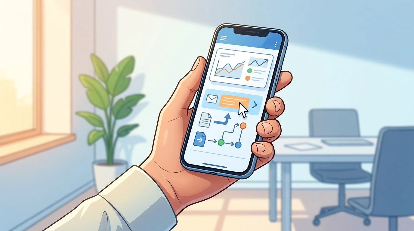 Hand holding a smartphone showing an interactive, value-driven email