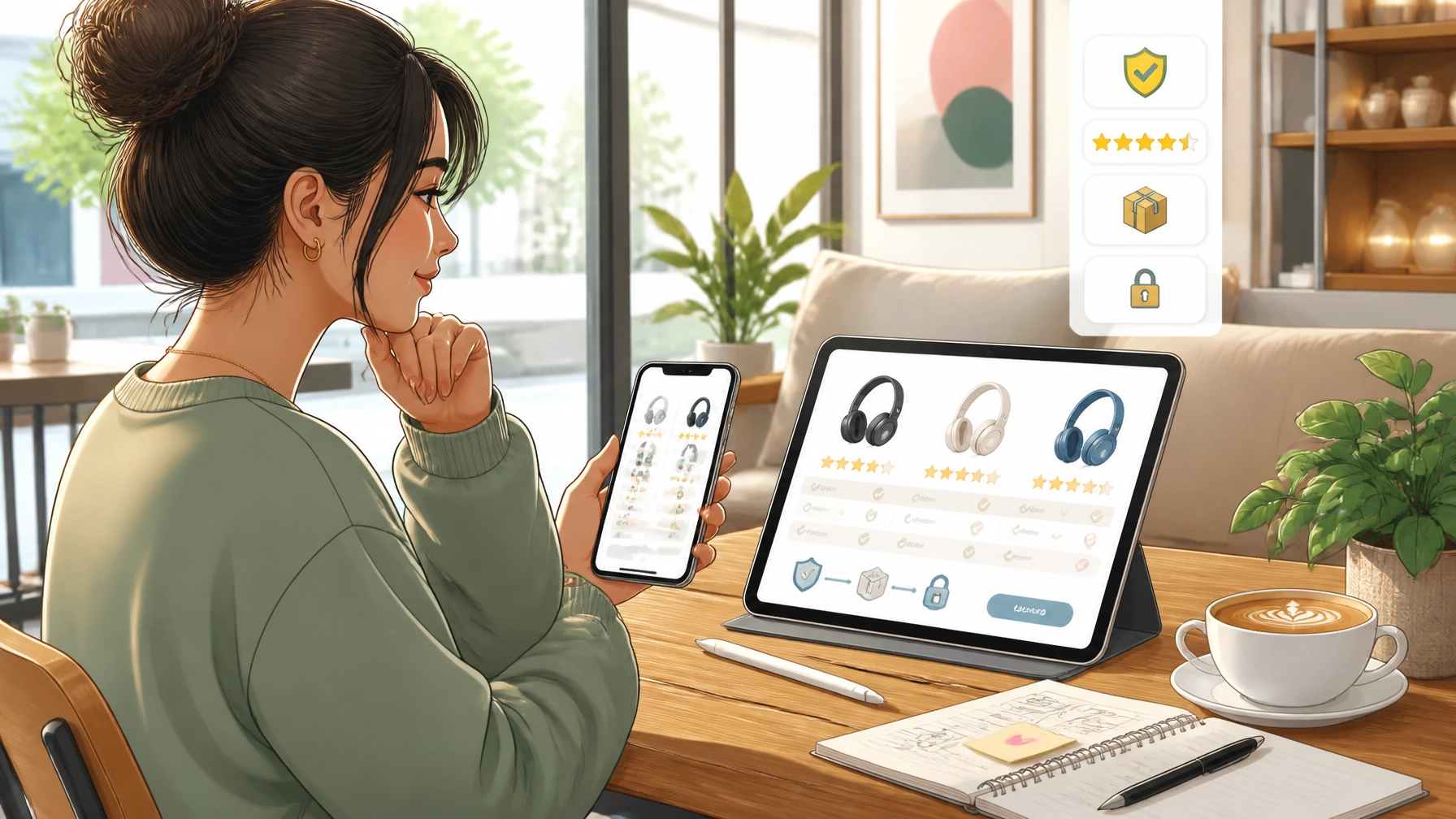 A cartoon-style modern clean realism image of a shopper comparing products across a smartphone and tablet in a bright cafe, visually representing trust signals, reviews, and conversion psychology in landscape orientation.
