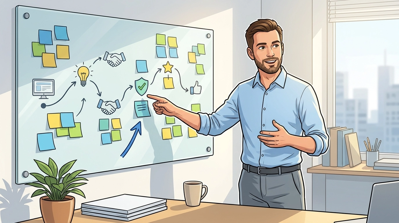 A professional office setting where a digital marketer is pointing at a wall-mounted glass board. The board has sticky notes and a diagram showing a customer journey with trust checkpoints highlighted visually.