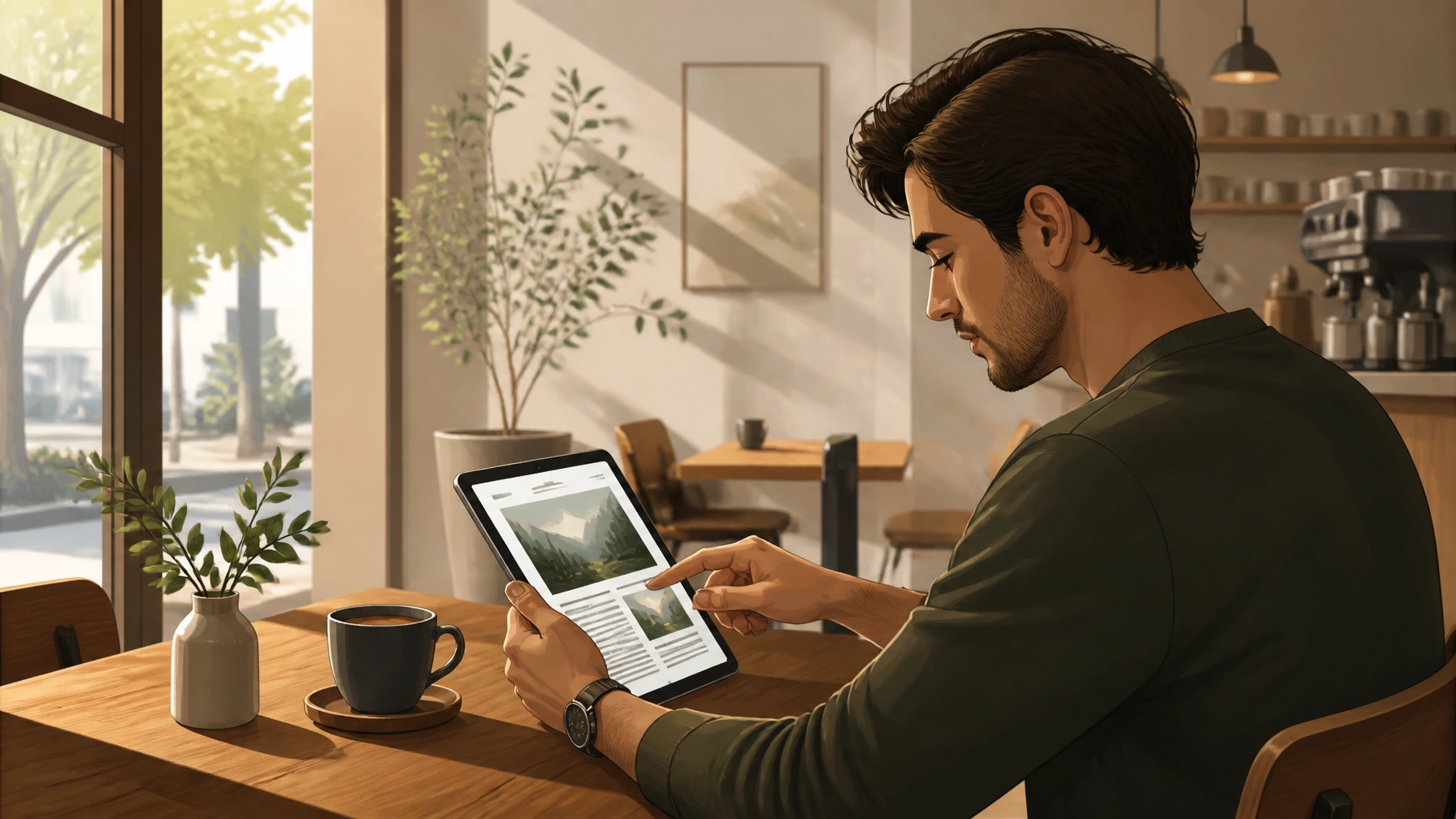 Person using a tablet in a café, engaging with digital content related to modern content strategies and audience engagement.