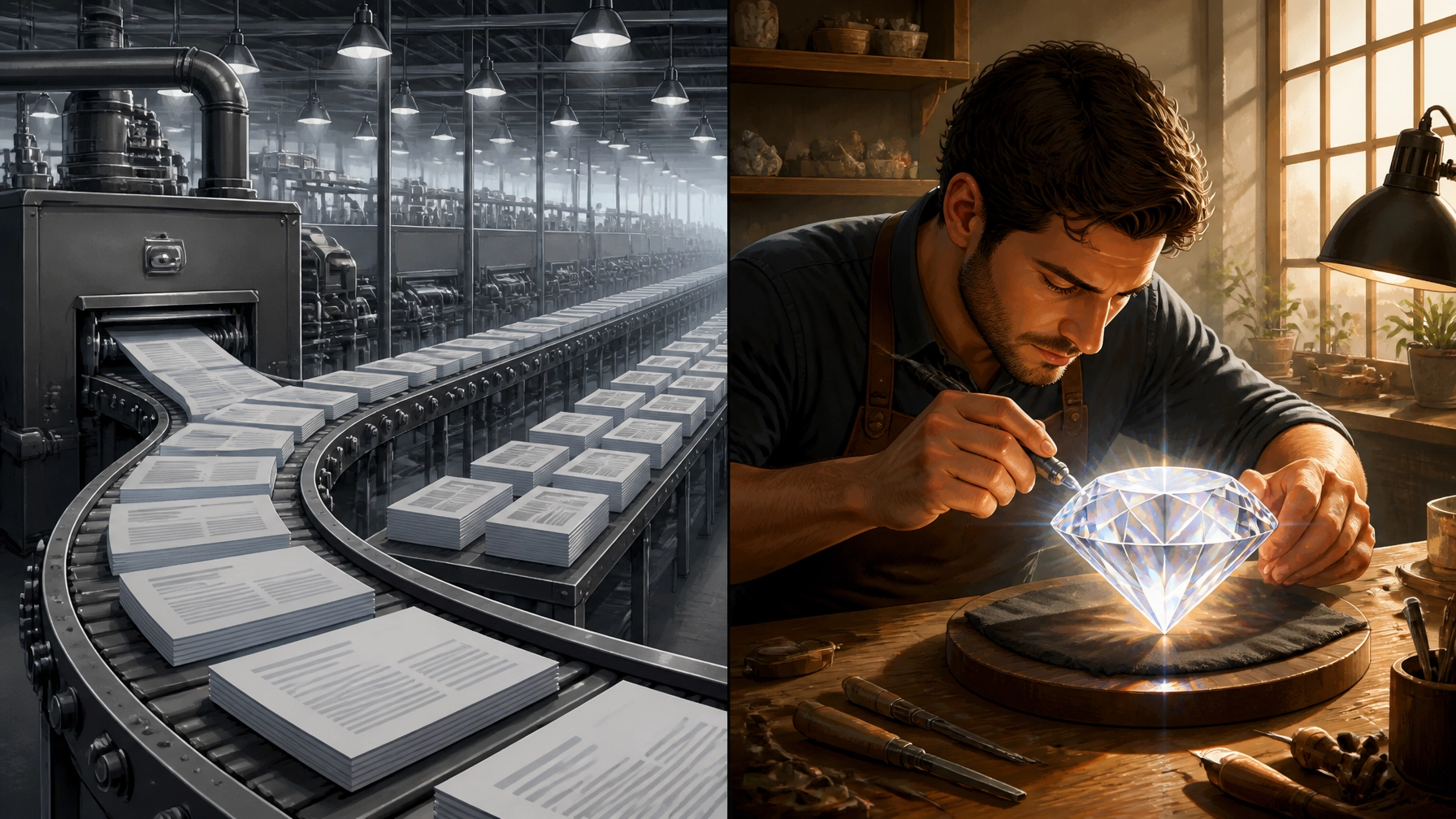 Factory conveyor belt with printed pages transitioning to artisan crafting a diamond, symbolizing the evolution from mass-produced content to high-quality, resonant content strategies.