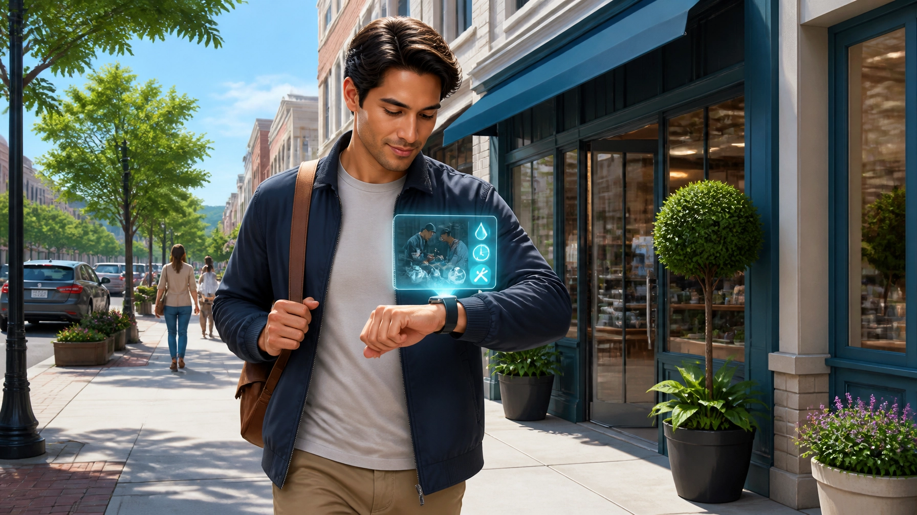 A pedestrian receiving intent-based notifications near local storefronts