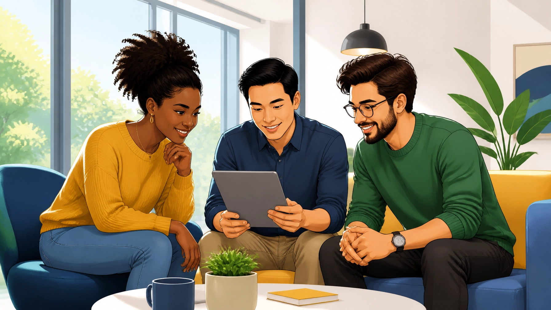 A small group of diverse people looking at a tablet together in a modern lounge