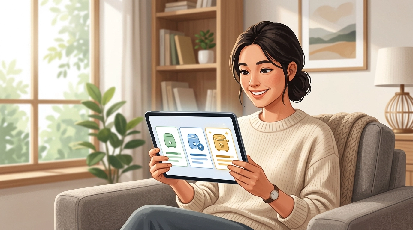 A person in a cozy living room holding a tablet. The tablet screen shows three distinct product options in a simple tiered layout with vibrant, simplified visuals. The background is soft and slightly blurred.