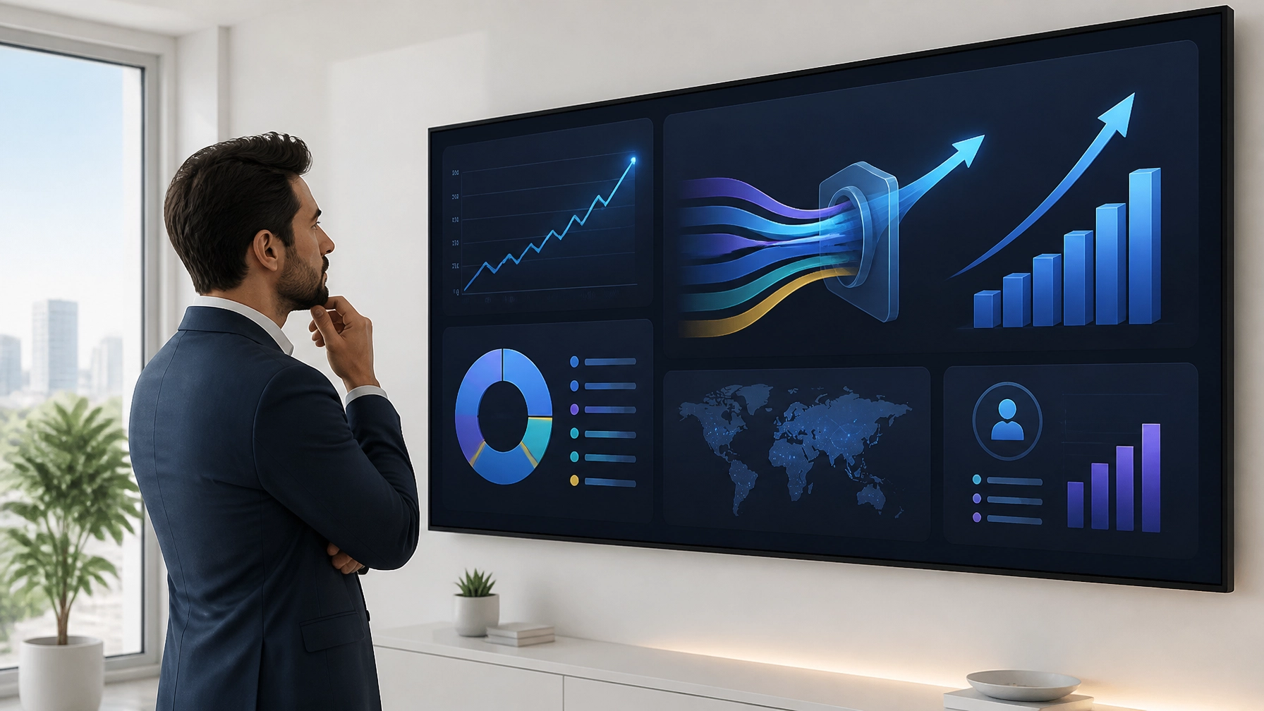 A modern digital marketing intelligence dashboard on a sleek screen in a bright minimalist office, showing stylized charts and data flows. A modern digital marketing intelligence dashboard on a sleek screen in a bright minimalist office, showing stylized charts and data flows.