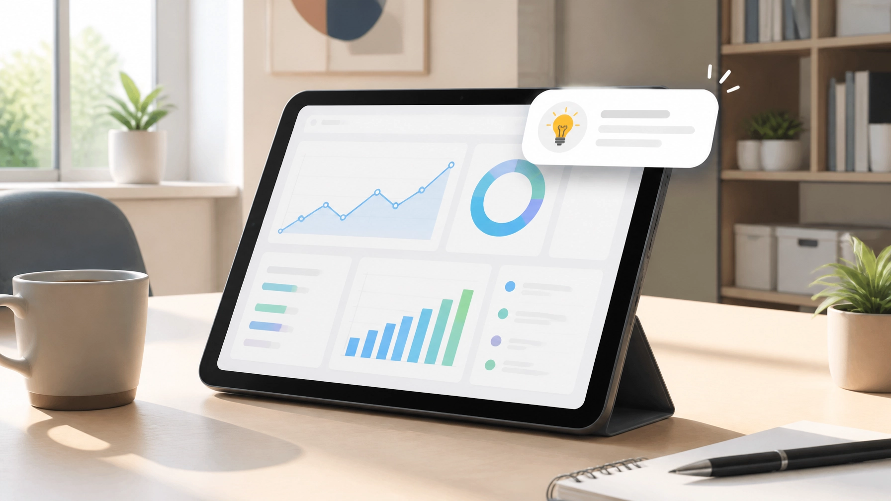 Tablet displaying data analytics and charts illustrating proactive, context-aware customer experiences.
