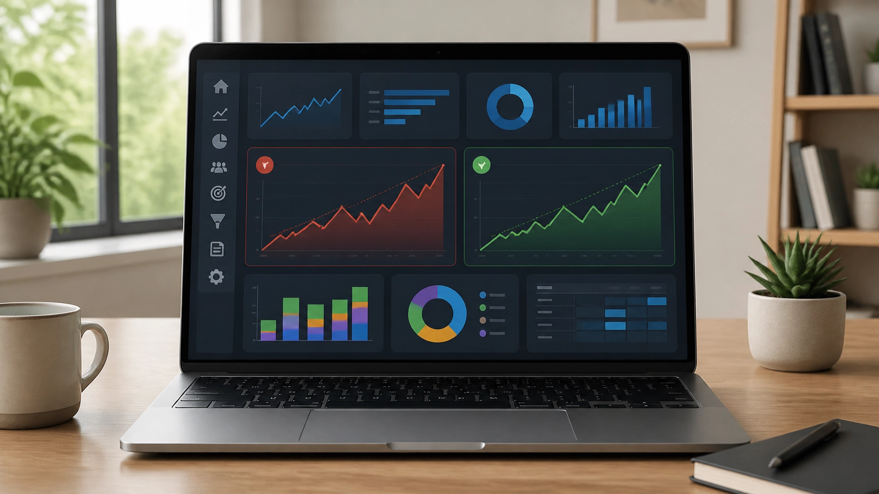Laptop displaying digital marketing analytics dashboard with various graphs and metrics, emphasizing growth and efficiency in ad performance.