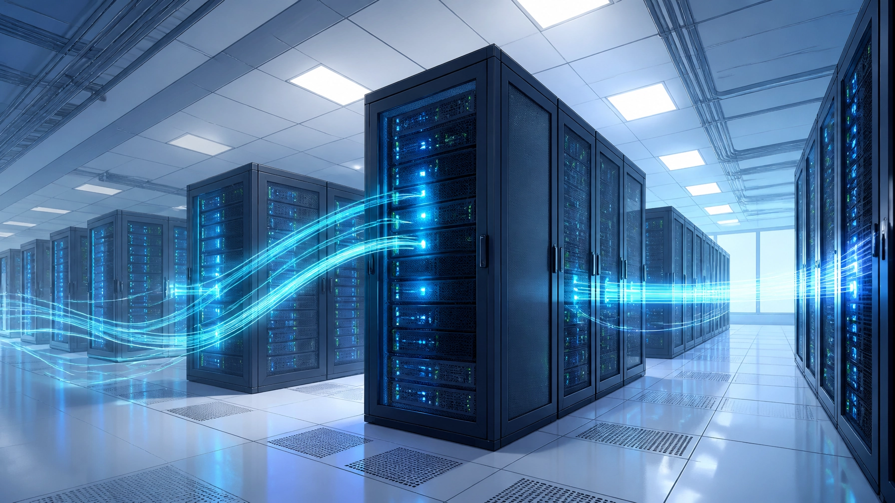 Server racks and data flow illustrating data integration for Ambient Intelligence.