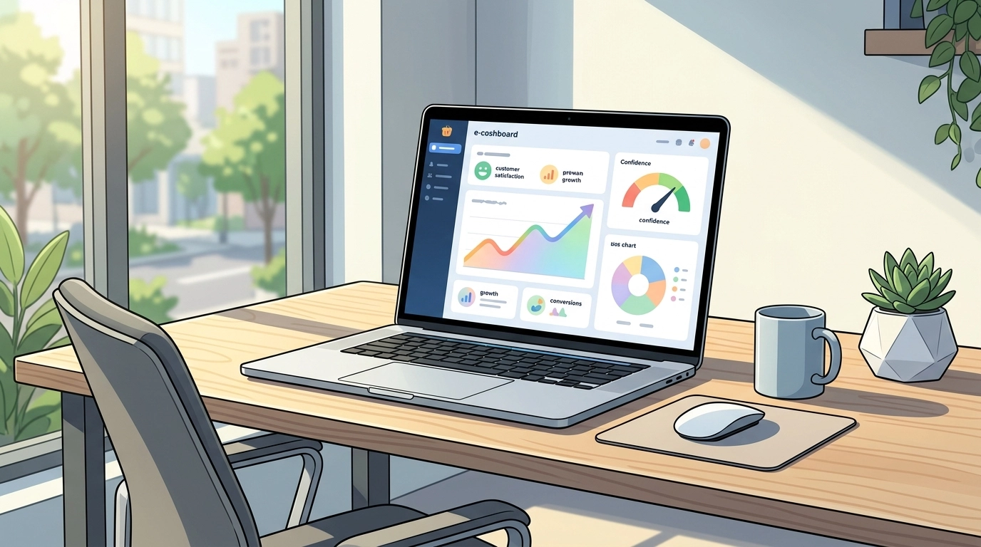 A clean, modern office desk with a high-end laptop open. The screen shows a simplified, elegant ecommerce dashboard with colorful but unbranded charts and a confidence-style graphic. Bright natural light from a window.