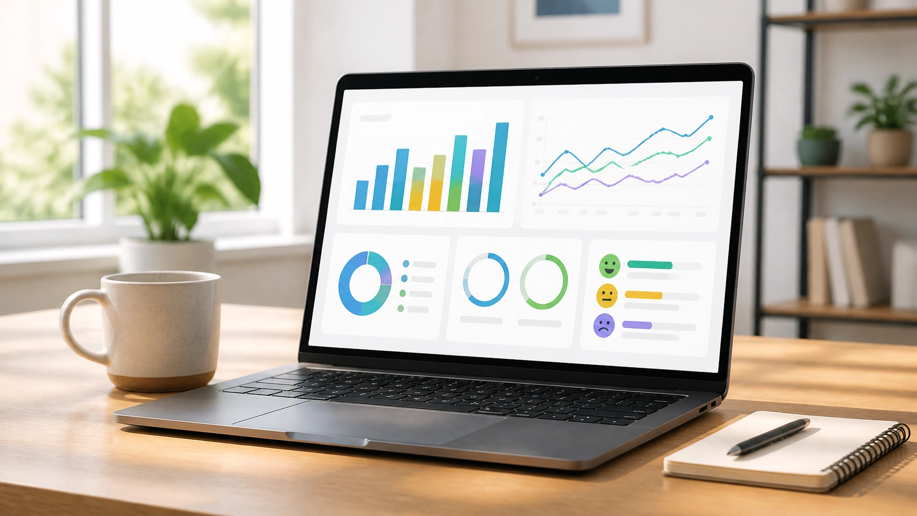 Laptop displaying data charts and graphs illustrating influencer marketing measurement and sentiment analysis.
