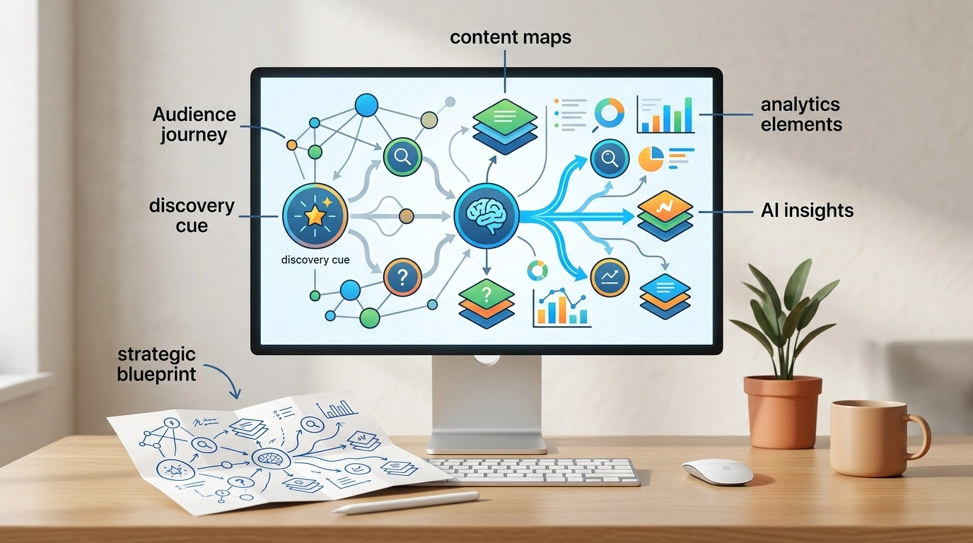 A high-quality, landscape cartoon-style featured illustration showing a strategic digital blueprint for modern content and intent mapping, with connected audience paths, search nodes, maps, analytics cues, and a clean professional composition.