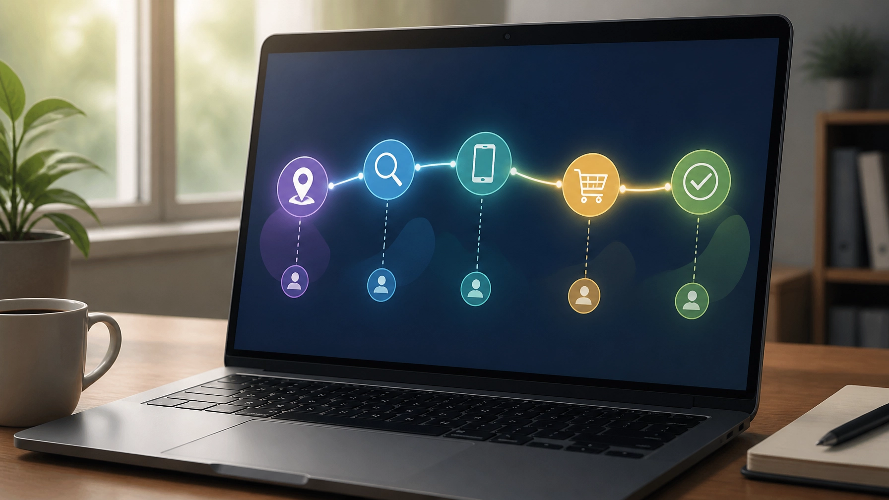 A close-up of a laptop screen showing a conceptual customer journey map with icons for maps, search, and phone calls.