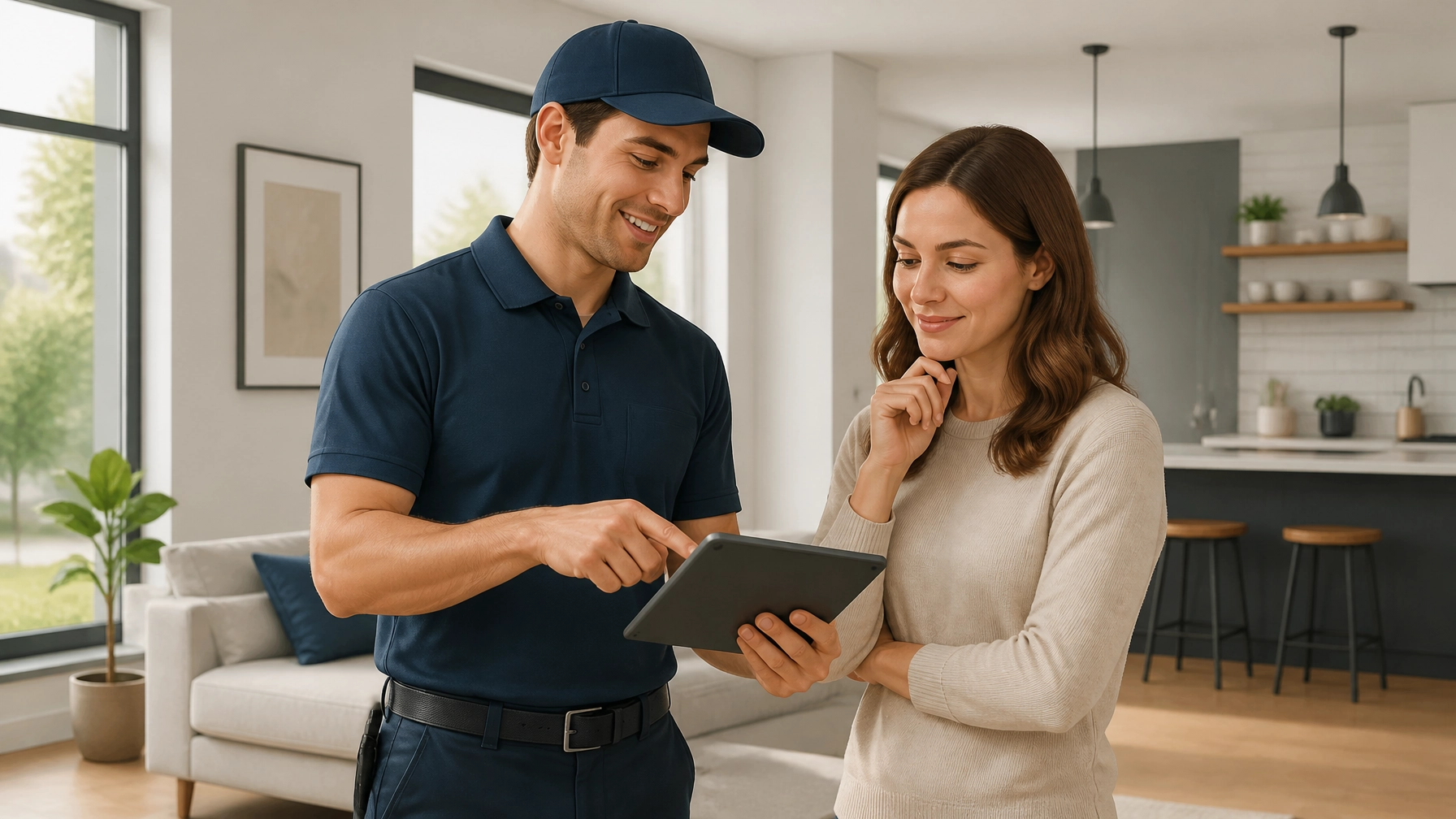 A friendly home service professional in a clean uniform holding a tablet and showing a customer a digital report in a modern home.