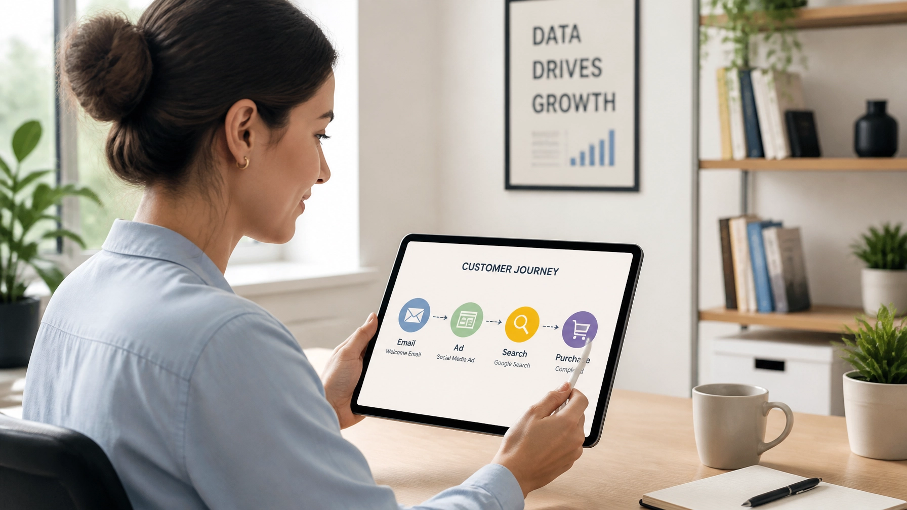 A marketing analyst in an office using a tablet to view a conceptual map of different customer touchpoints.