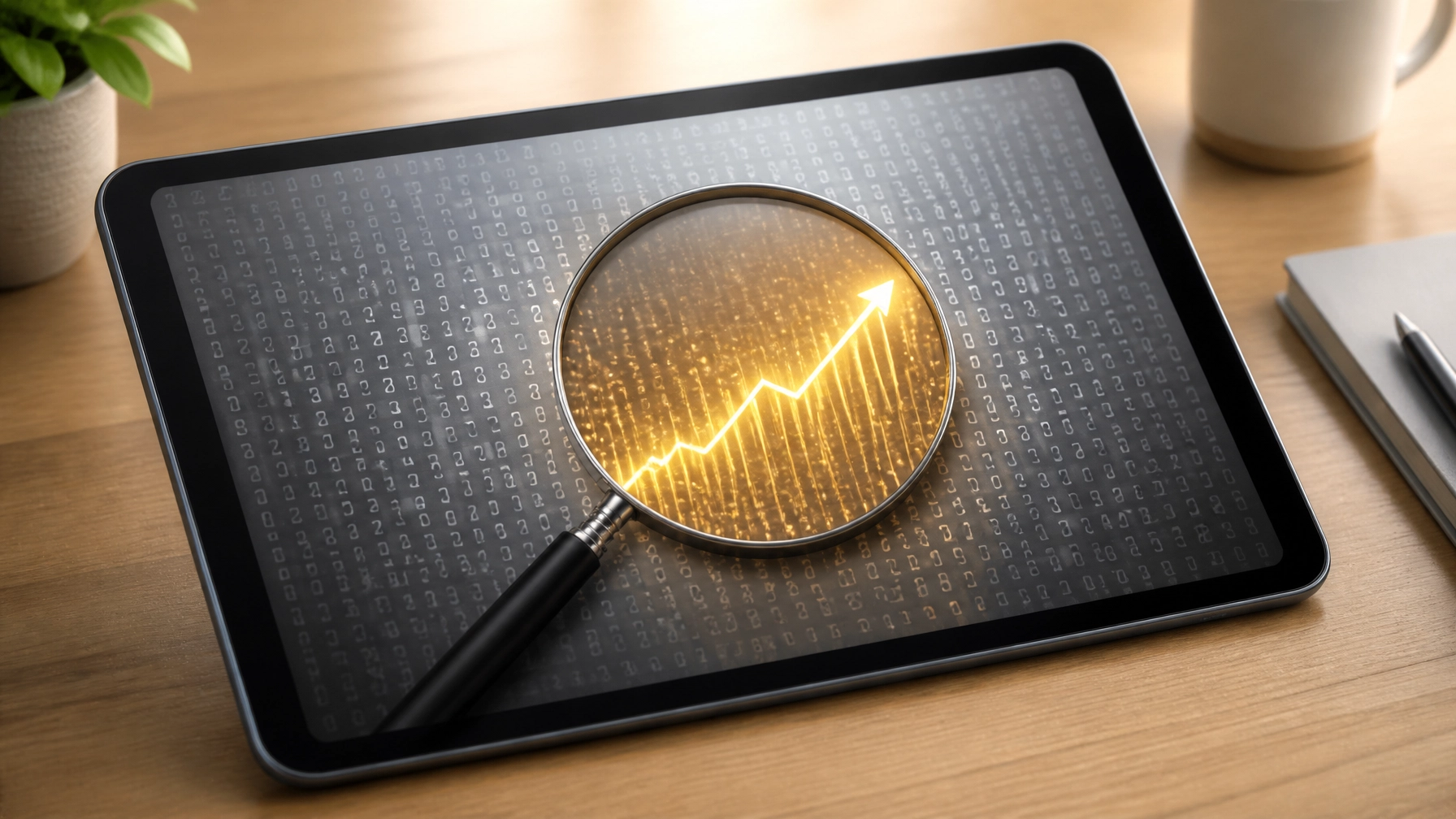 A magnifying glass over a sea of abstract numbers revealing a bright upward trend line.