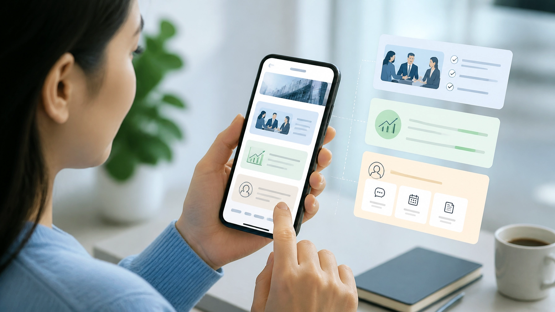 A person using a mobile device on a professional services interface that adapts to likely intent with predictive modules and simplified next steps. Cartoon-style modern clean realism with bright natural lighting and minimal clutter.